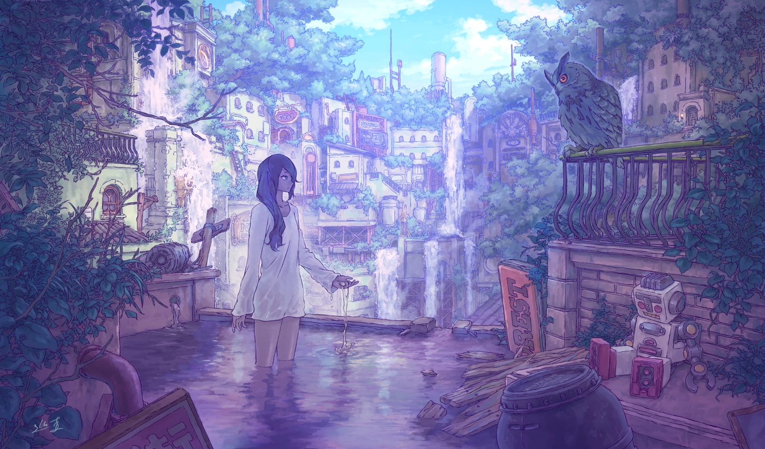 animal, bird, black_hair, blue, blue_eyes, building, city, junpei_(juntonanotukunanika)
