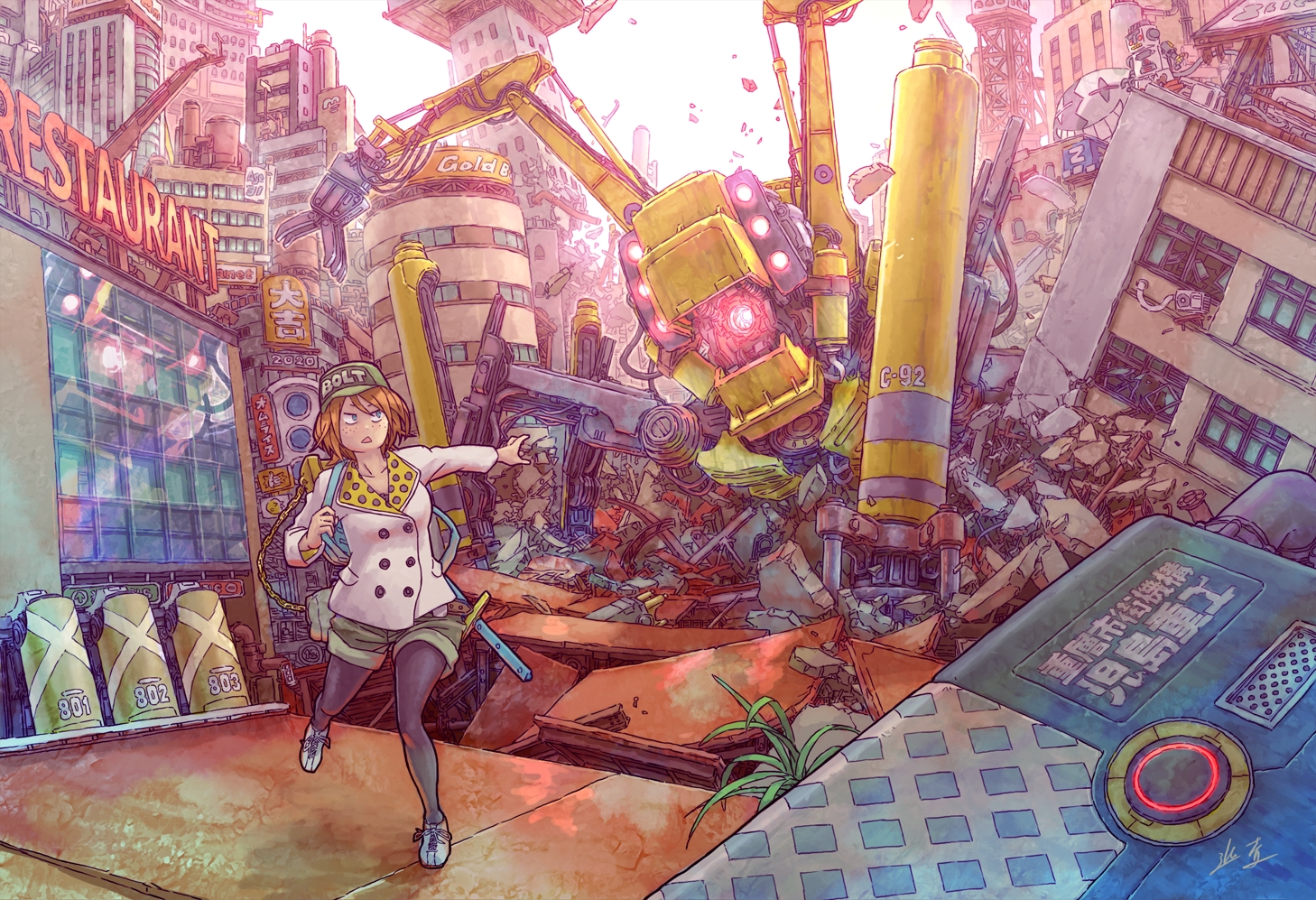 blue_eyes, brown_hair, building, city, hat, junpei_(juntonanotukunanika), original, pantyhose
