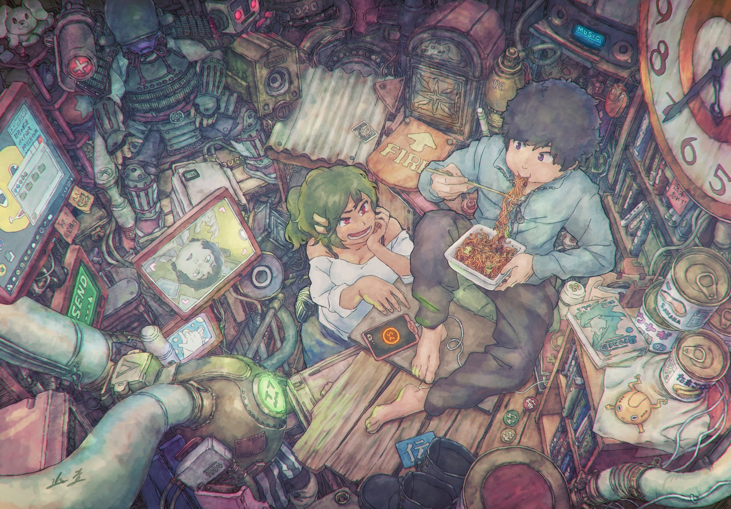 armor, book, computer, food, junpei_(juntonanotukunanika), male, original, phone