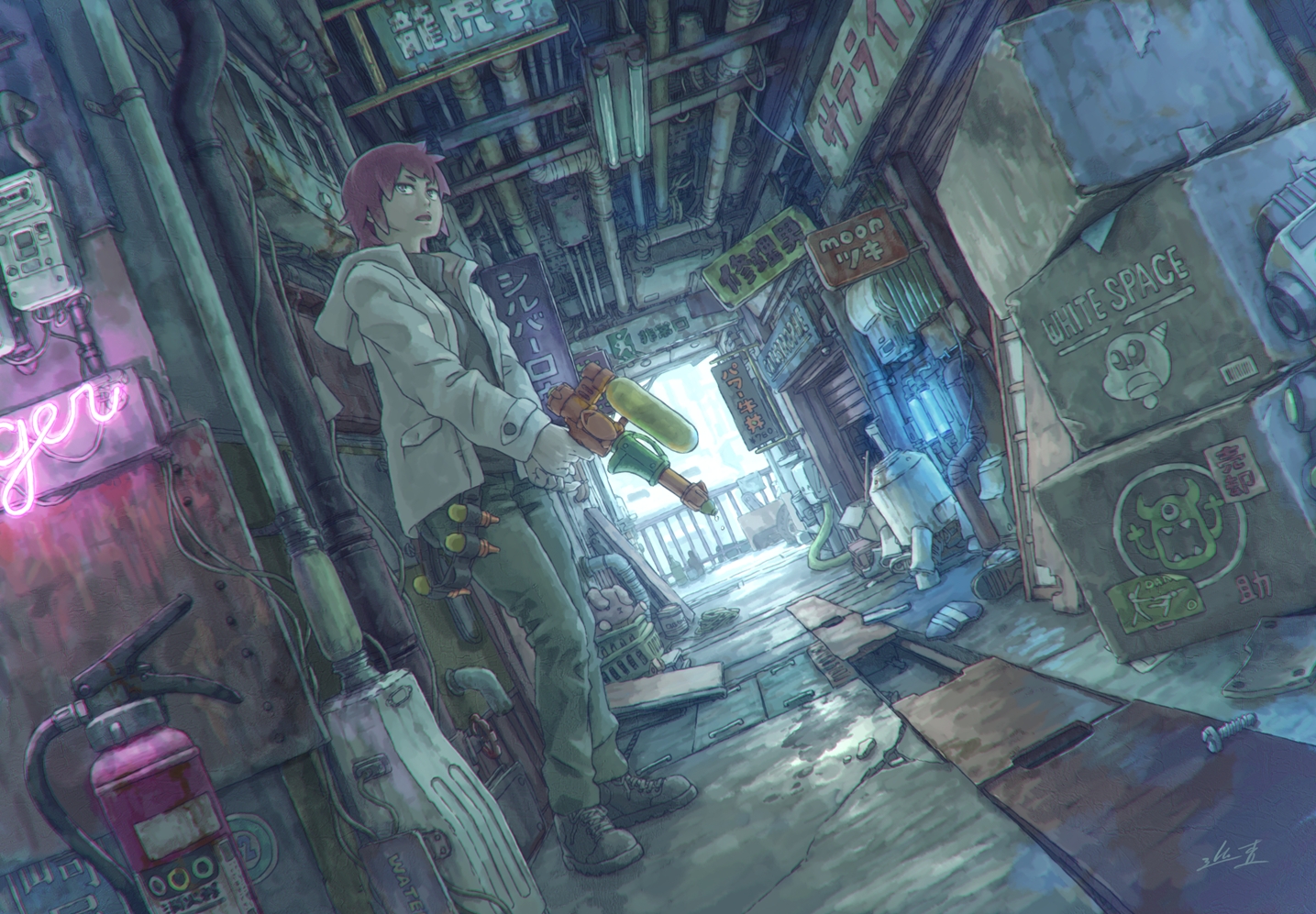 building, gun, junpei_(juntonanotukunanika), original, short_hair, signed, weapon