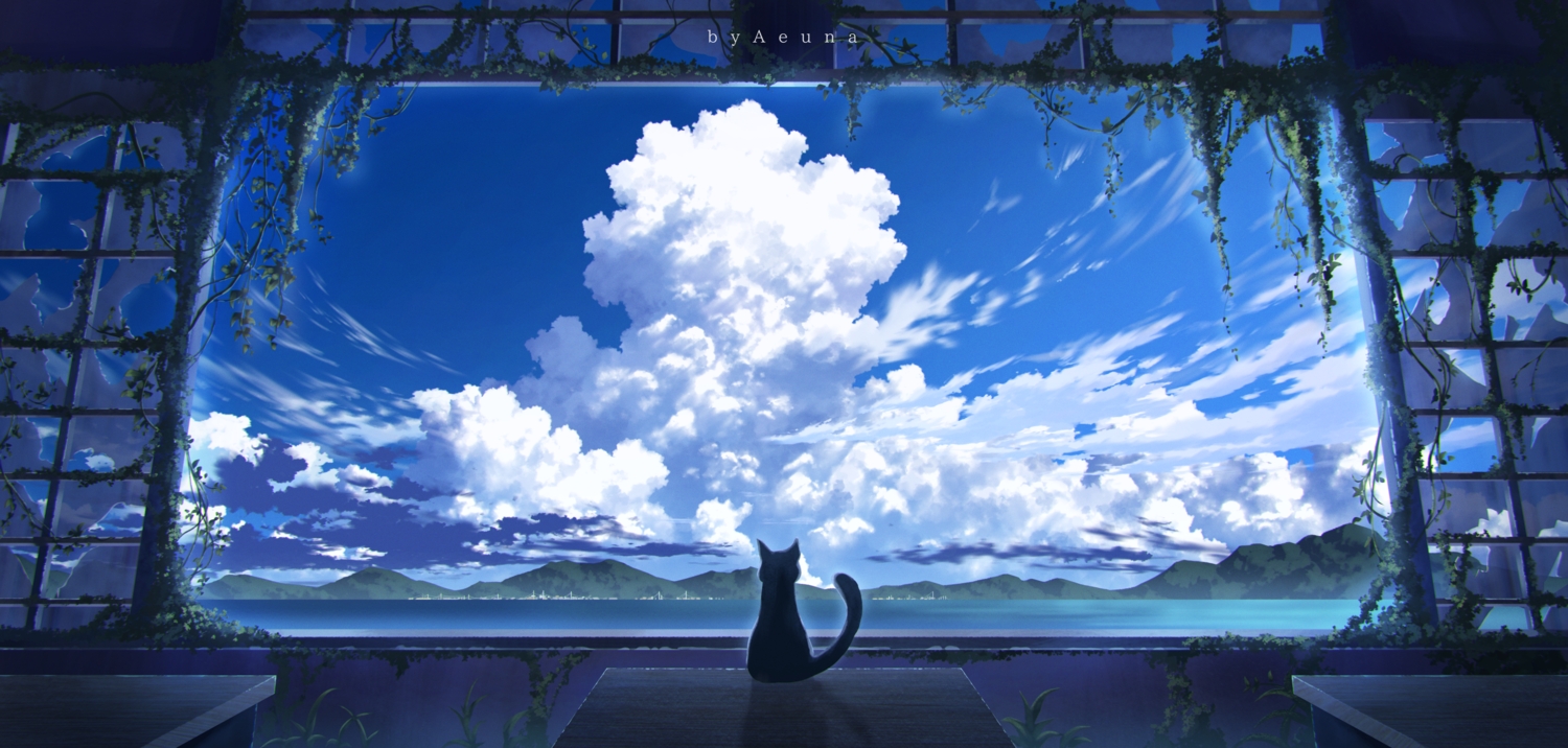 aeuna, animal, cat, clouds, no_humans, original, ruins, sky, water, watermark