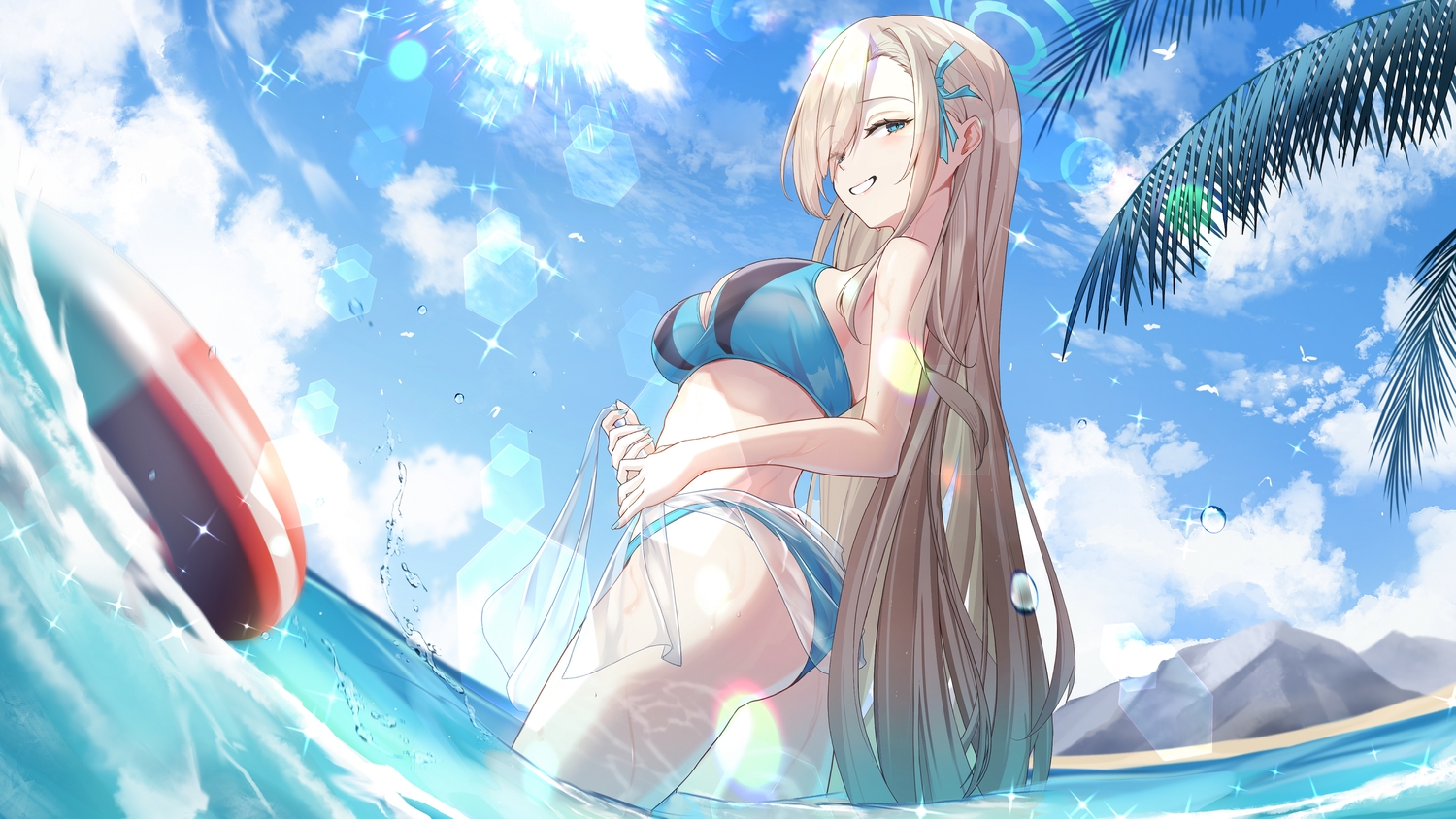 aqua_eyes, ass, bikini, blonde_hair, blue_archive, breasts, cleavage, clouds