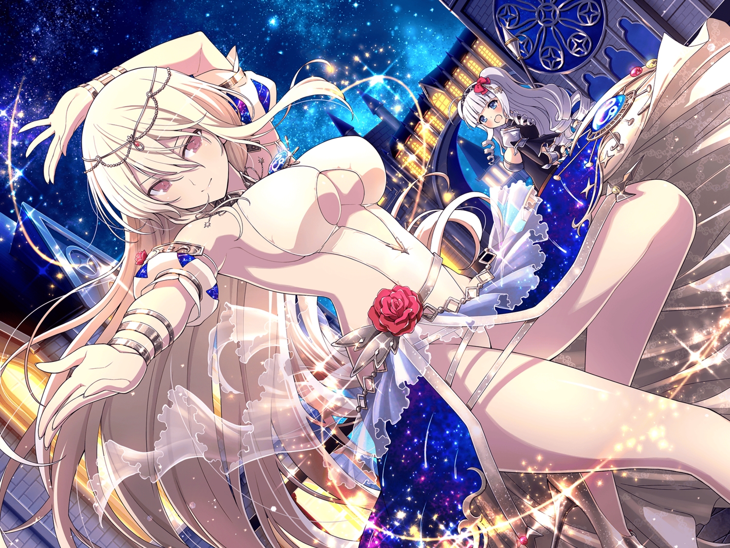 2girls, blonde_hair, blue_eyes, breasts, building, cleavage, ginrei_(senran_kagura), gray_hair