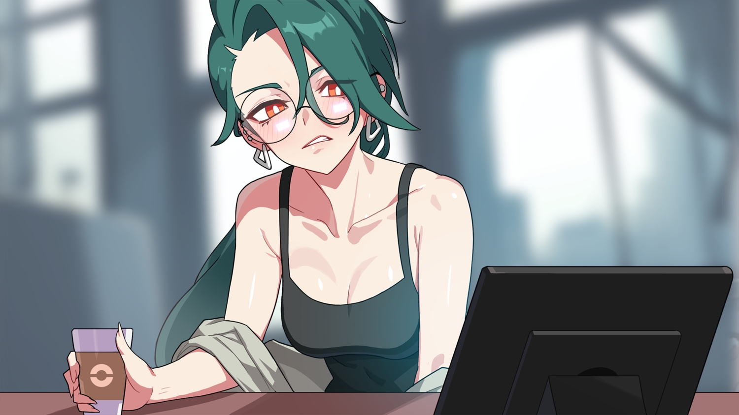 blush, breasts, cleavage, computer, drink, drunkoak, glasses, green_hair