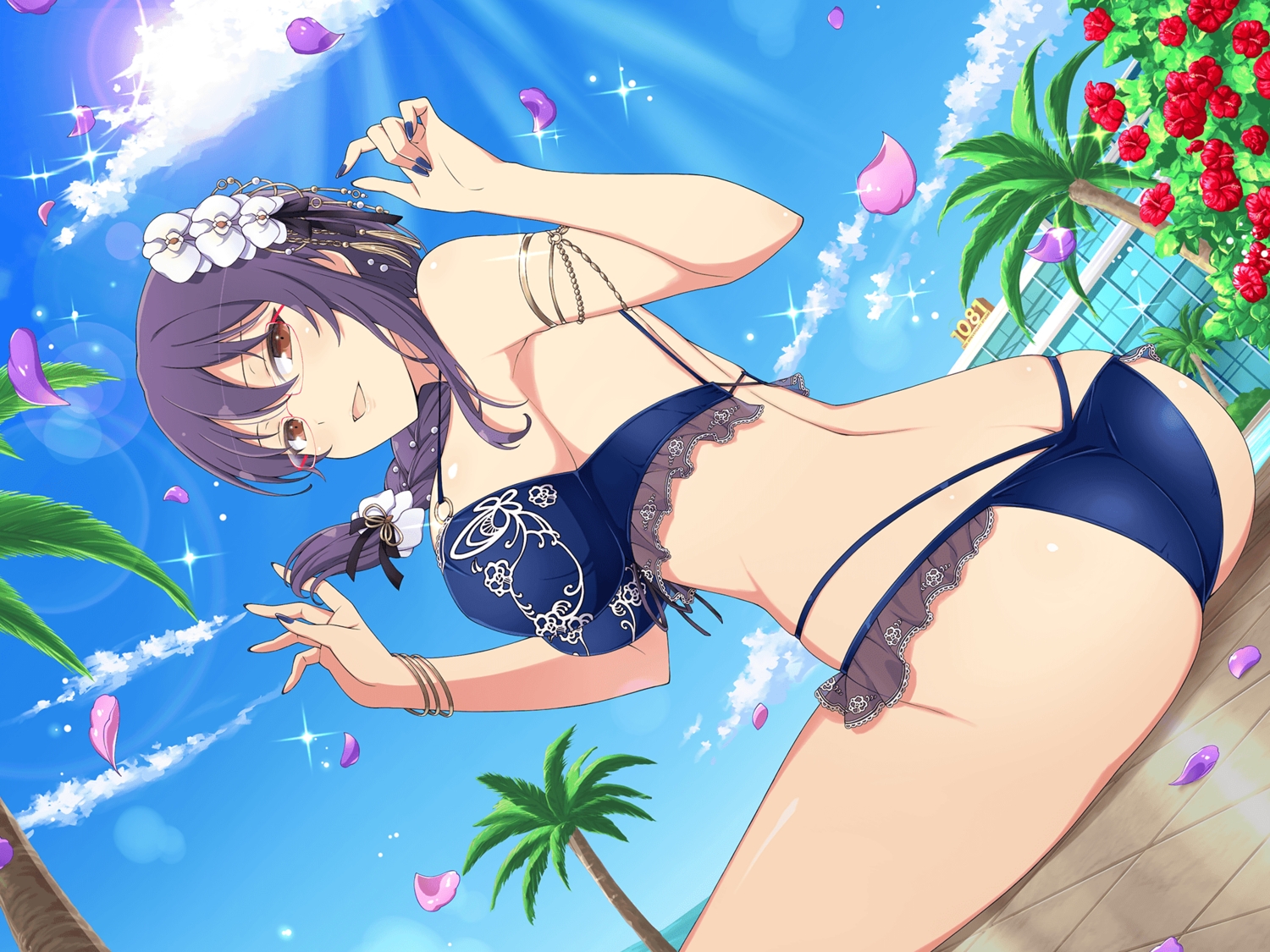 ass, bra, braids, brown_eyes, clouds, long_hair, panties, petals, ponytail, purple_hair, senran_kagura, sky, suzune_(senran_kagura), tree, underwear, yaegashi_nan