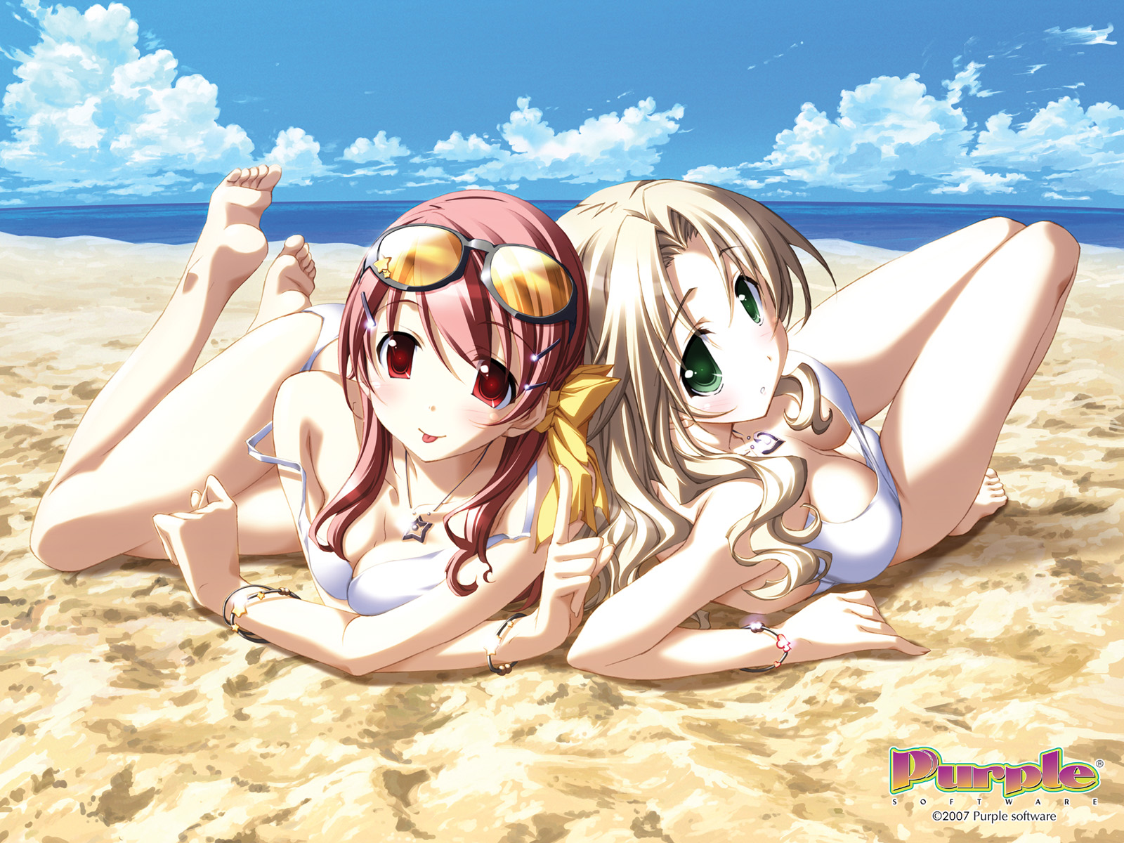 2girls, ashita_no_kimi_to_au_tame_ni, barefoot, beach, bikini, blonde_hair, breasts, cleavage, green_eyes, kurashima_tomoyasu, long_hair, purple_software, red_eyes, sky, summer, swimsuit, wakamiya_asuka, water, yuugiri_ruriko
