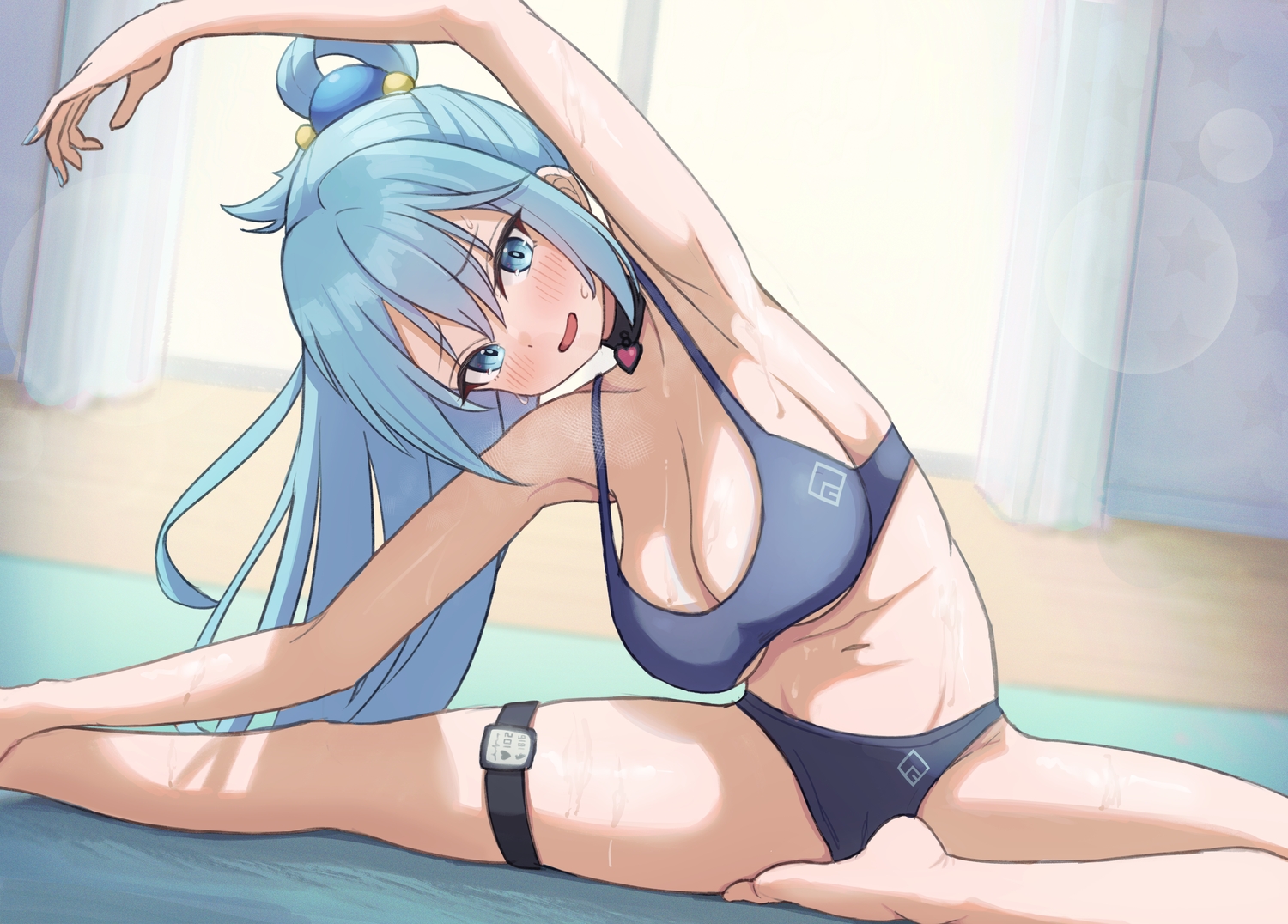 aqua_eyes, aqua_hair, aqua_(konosuba), blush, bra, cameltoe, choker, garter, icetea774, kono_subarashii_sekai_ni_shukufuku_wo!, long_hair, navel, sketch, spread_legs, underwear