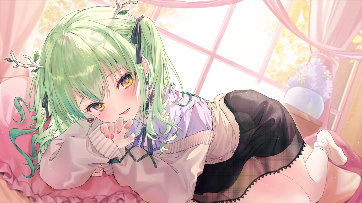 blush, bow, ceres_fauna, choker, dabi_(dabibubi), green_hair, hololive, horns, long_hair, ribbons, skirt, socks, twintails, waifu2x, yellow_eyes