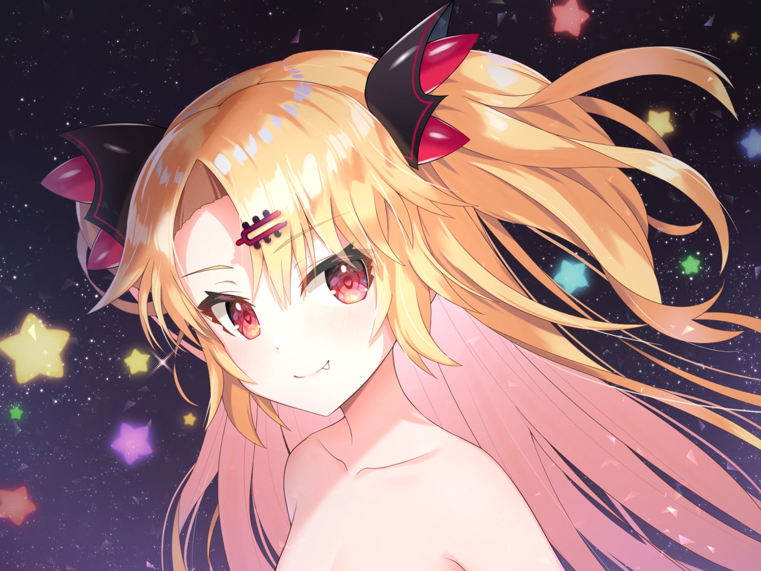 akatsuki_yuni, bettle_(b_s_a_n), blonde_hair, blush, close, fang, long_hair, red_eyes