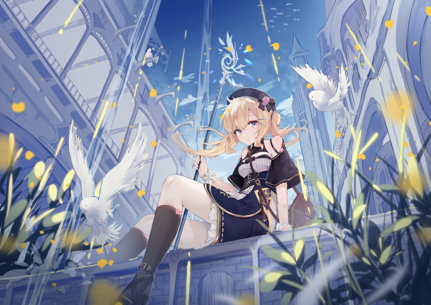 animal, bird, blonde_hair, blue_eyes, bow, building, clouds, dress