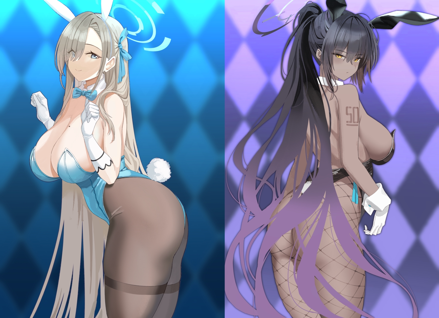 2girls, animal_ears, ass, black_hair, blue_archive, blue_eyes, bow, breasts