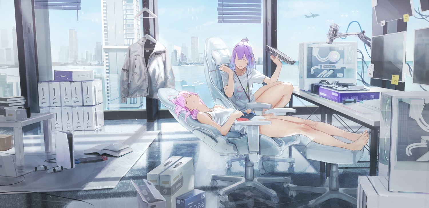 2girls, aliasing, barefoot, building, city, computer, game_console, original