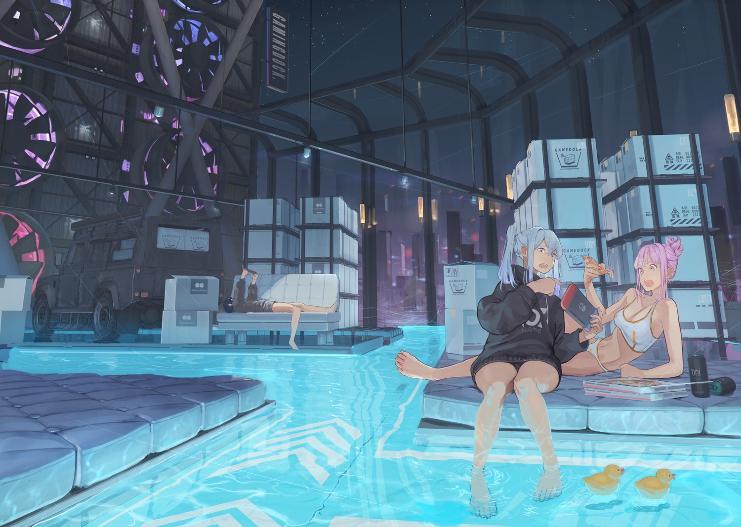 2girls, aliasing, bed, blue_eyes, blue_hair, bra, breasts, building