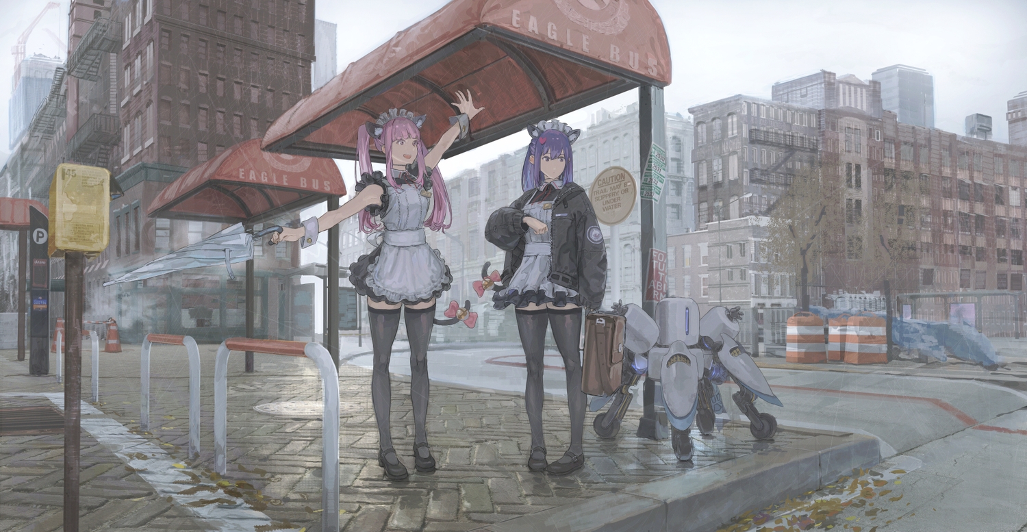 2girls, animal_ears, building, catgirl, headband, long_hair, maid, original, purple_eyes, purple_hair, robot, sora-bakabon, thighhighs, umbrella