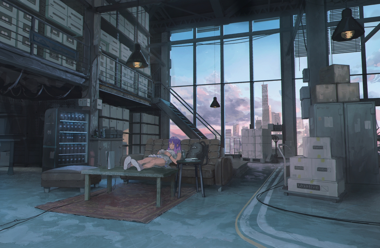 clouds, couch, dress, game_console, original, purple_hair, sky, socks