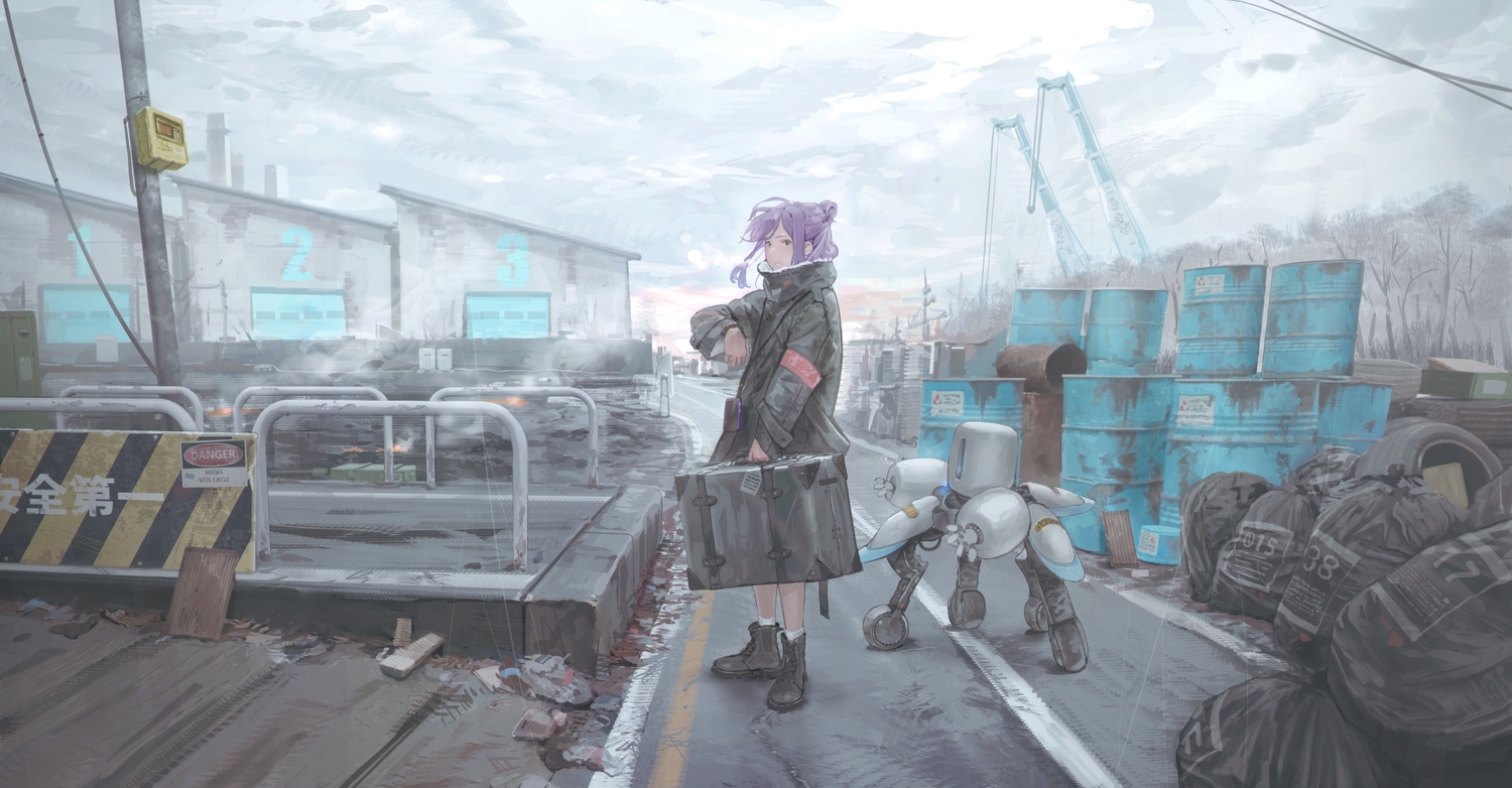 clouds, industrial, original, purple_eyes, purple_hair, robot, sky, sora-bakabon