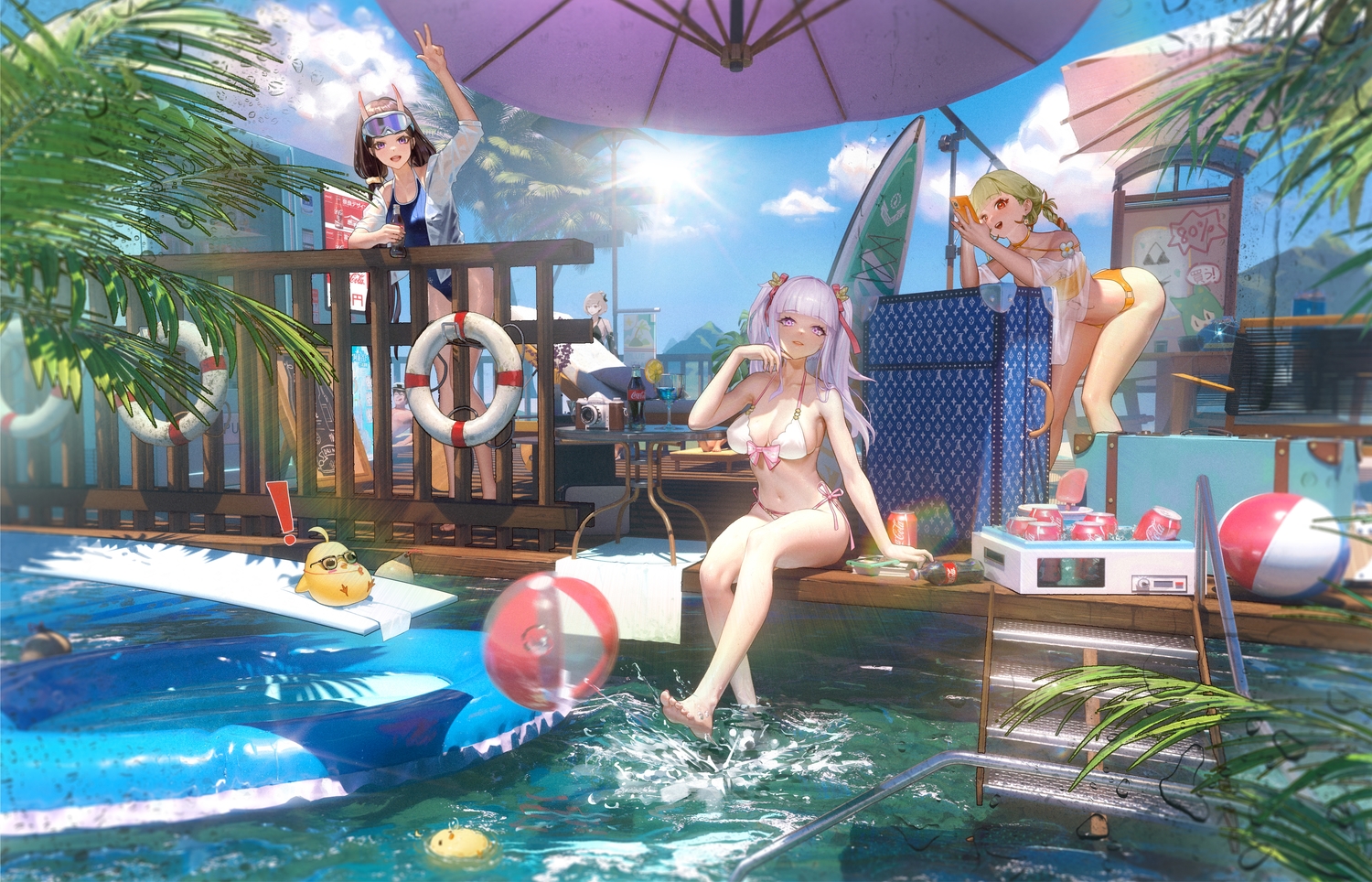3d, animal, anthropomorphism, azur_lane, ball, bikini, bird, brown_hair