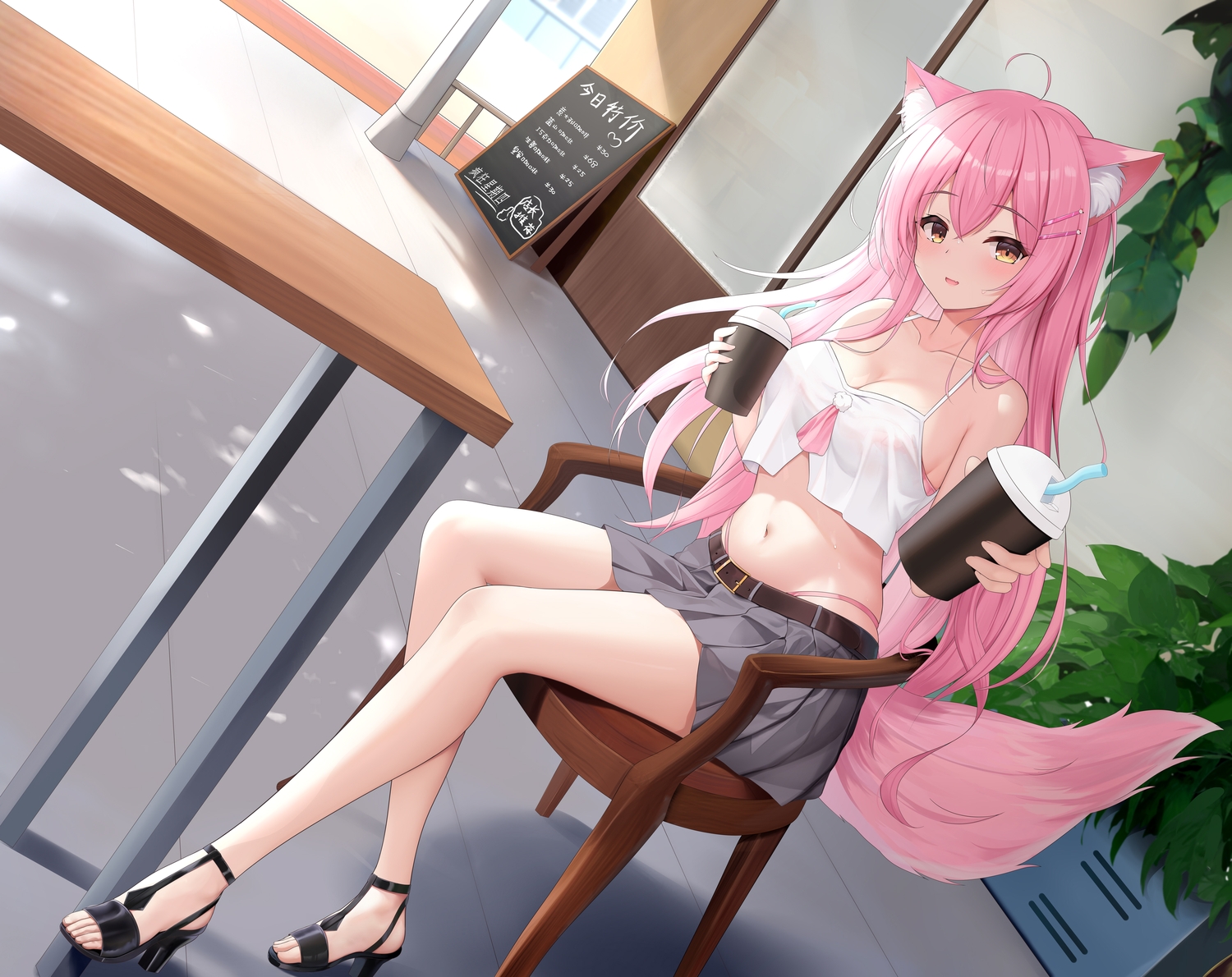 animal_ears, bra, brown_eyes, navel, original, pink_hair, see_through, shenqi_(toid310)