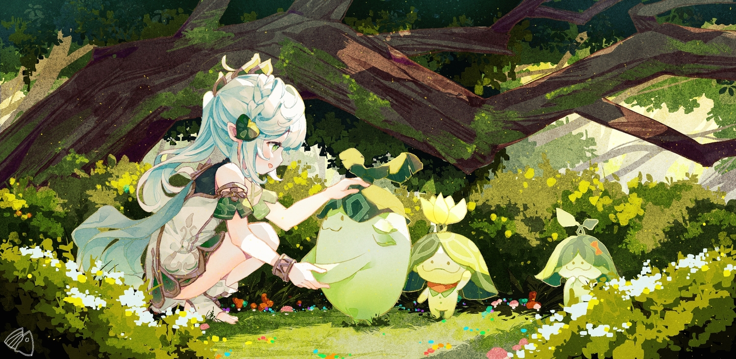 dress, genshin_impact, gray_hair, green_eyes, loli, long_hair, nahida_(genshin_impact), pointed_ears, ponytail, tree, watermark, xianyuzi