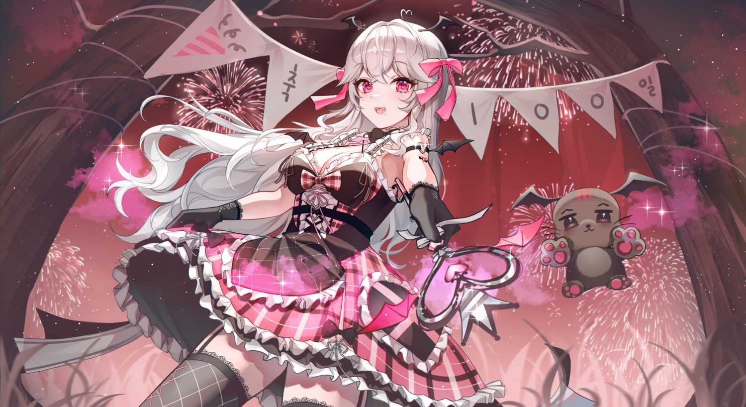 demon, eunyoo, fireworks, garter_belt, gloves, grass, gray_hair, long_hair, night, original, purple_eyes, sky, stars, stockings, succubus