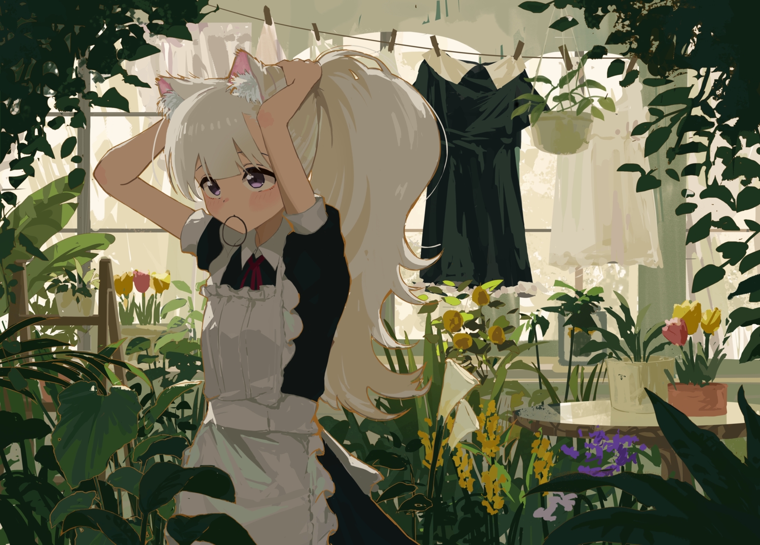 animal_ears, apron, blush, flowers, gray_hair, kgt_(pixiv12957613), long_hair, maid