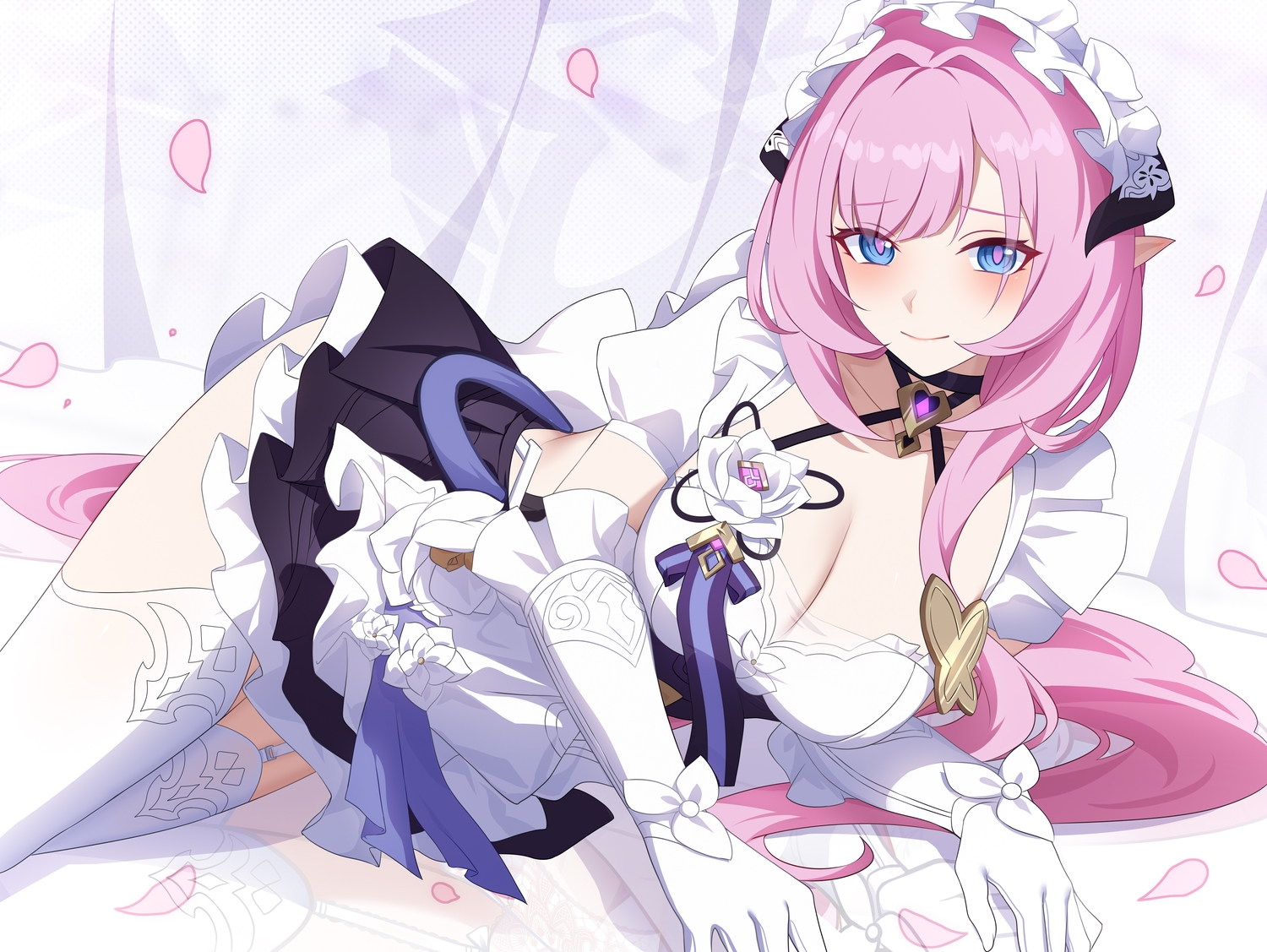 blue_eyes, breasts, choker, cleavage, dress, elbow_gloves, elysia_(honkai_impact), garter_belt