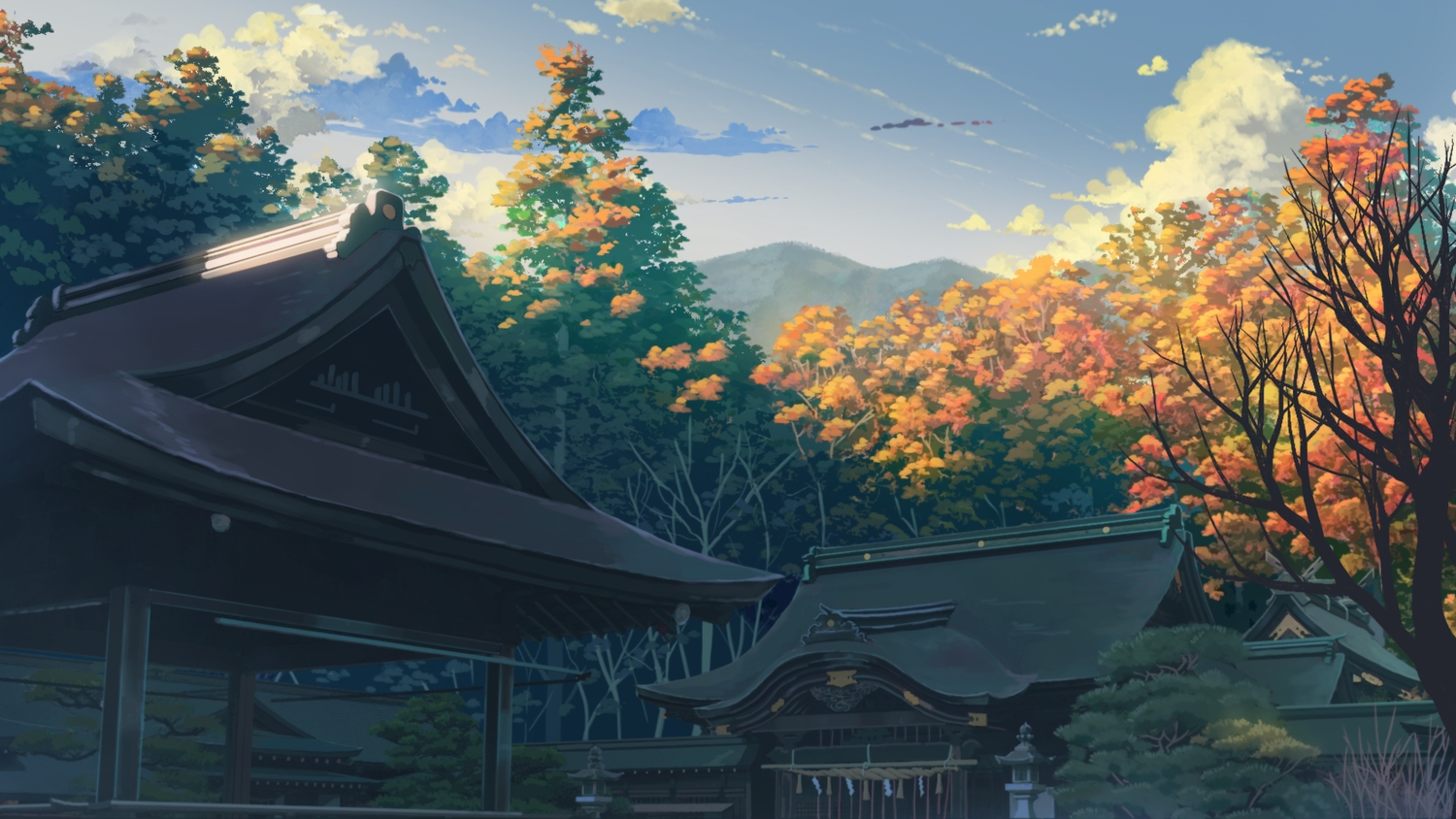 building, clouds, kamo_nasus., no_humans, original, scenic, shrine, tree