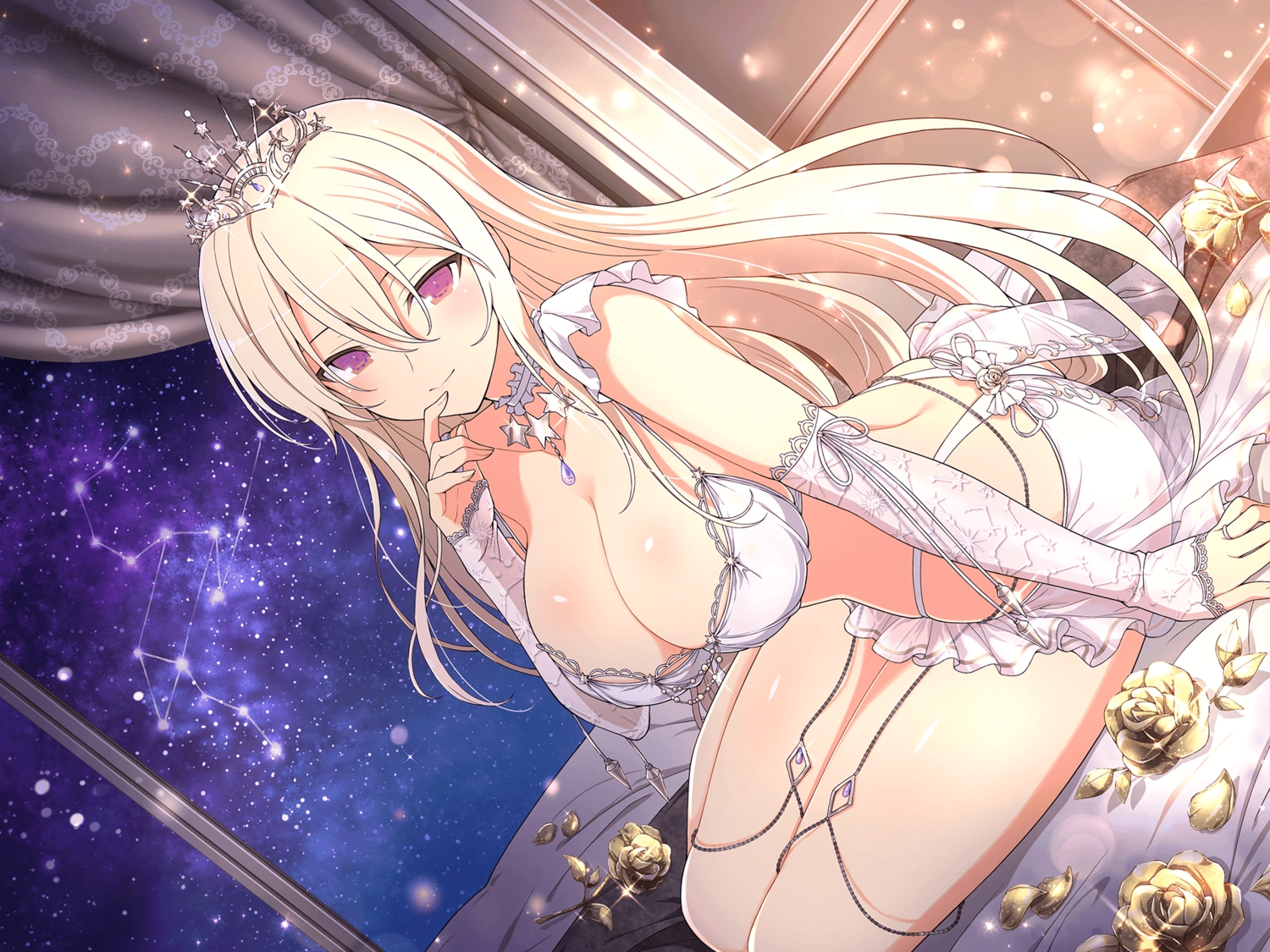 bed, blonde_hair, blush, leo_(senran_kagura), long_hair, purple_eyes, senran_kagura, skirt, stockings, tiara, yaegashi_nan