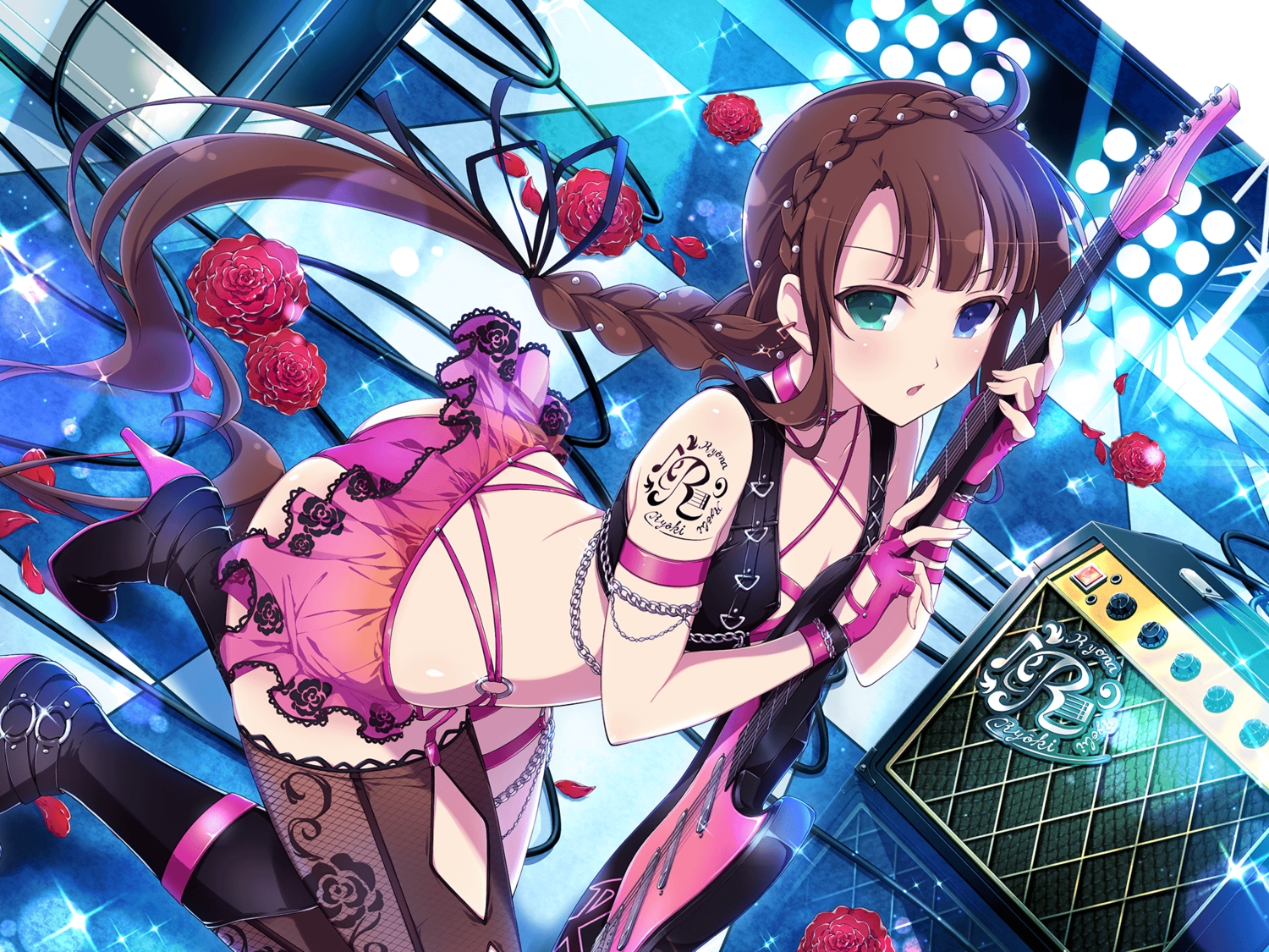 aqua_eyes, ass, bicolored_eyes, braids, brown_hair, flowers, garter, gloves, guitar, instrument, long_hair, ponytail, ryoubi_(senran_kagura), senran_kagura, skirt, stockings, tattoo, yaegashi_nan