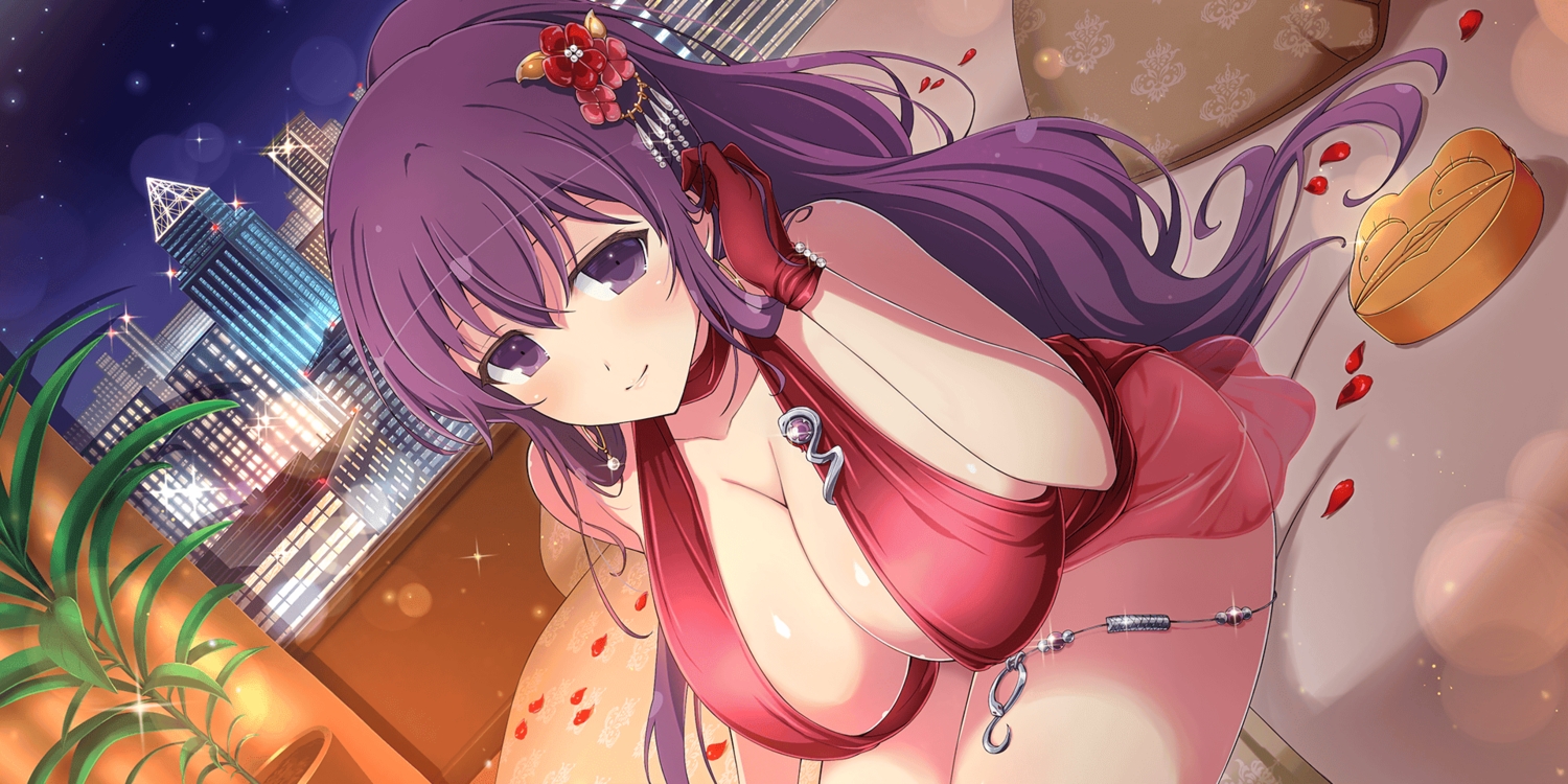 bed, breasts, building, city, dress, gloves, long_hair, murasaki_(senran_kagura), no_bra, petals, ponytail, purple_eyes, purple_hair, see_through, senran_kagura, yaegashi_nan