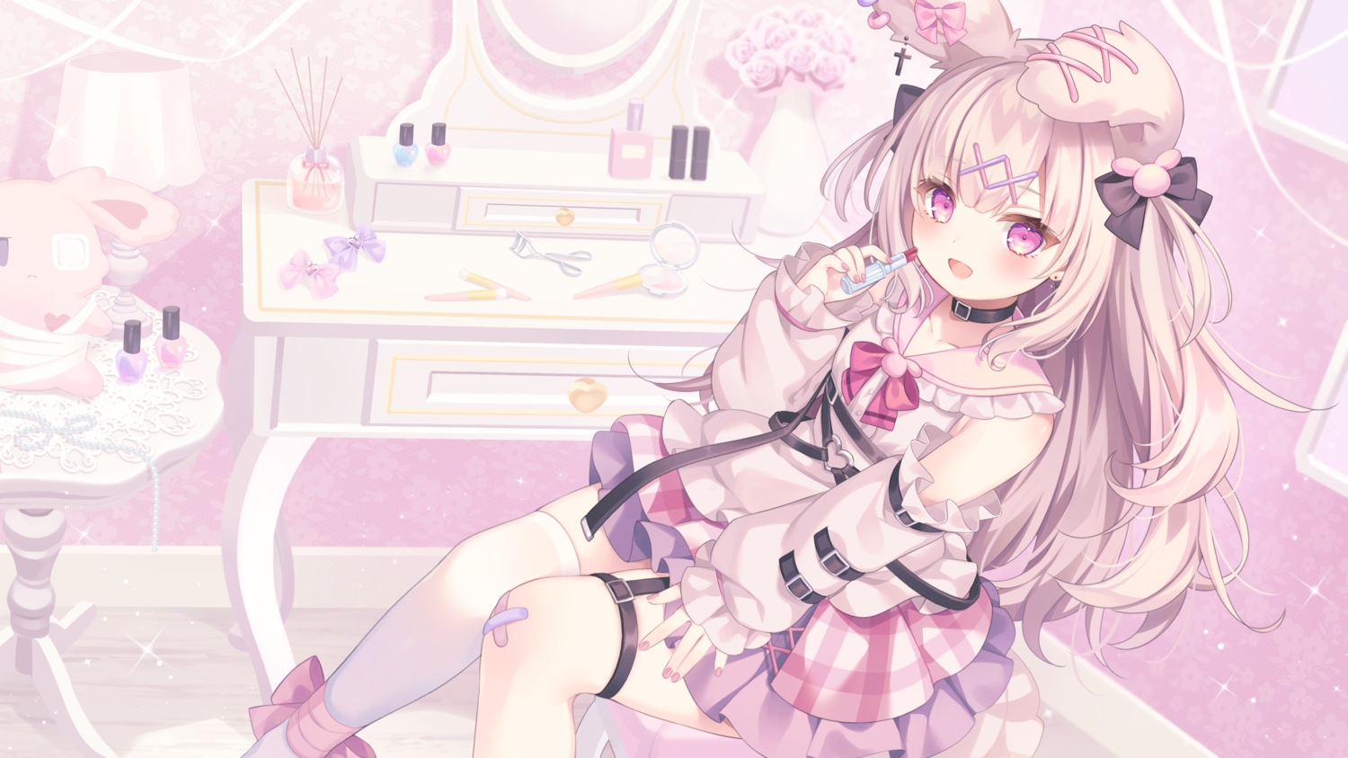 animal_ears, bandaid, blonde_hair, bow, bunny_ears, bunnygirl, collar, garter