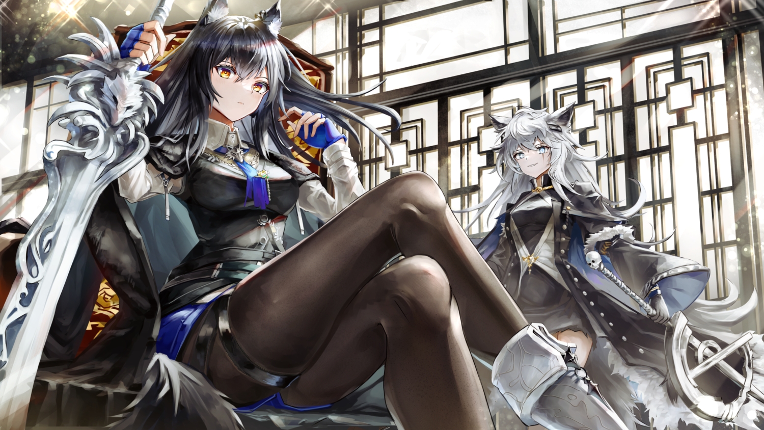 2girls, animal_ears, arknights, black_hair, blue_eyes, gray_hair, lappland_(arknights), long_hair