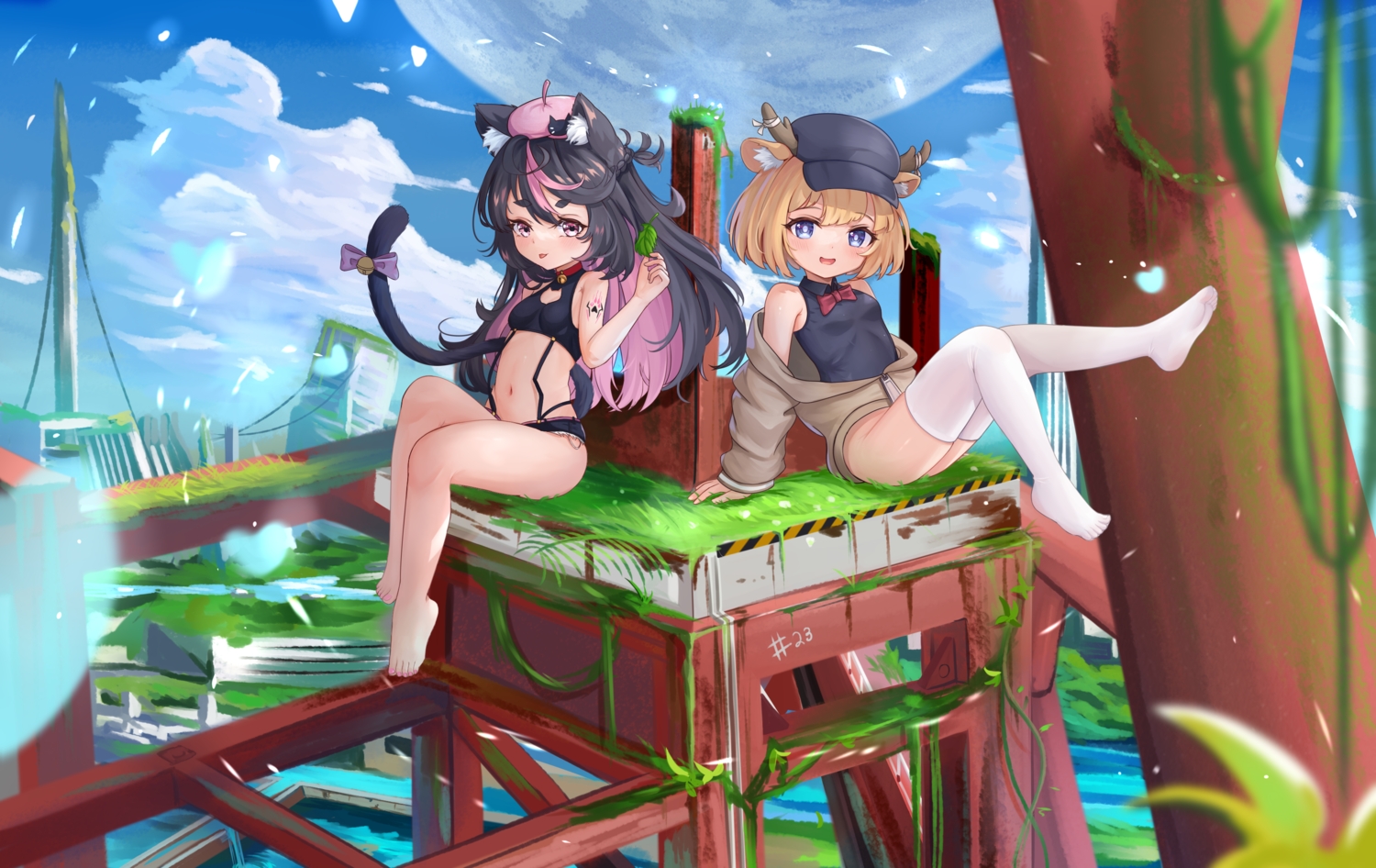 2girls, animal_ears, barefoot, bell, black_hair, blonde_hair, blue_eyes, catgirl