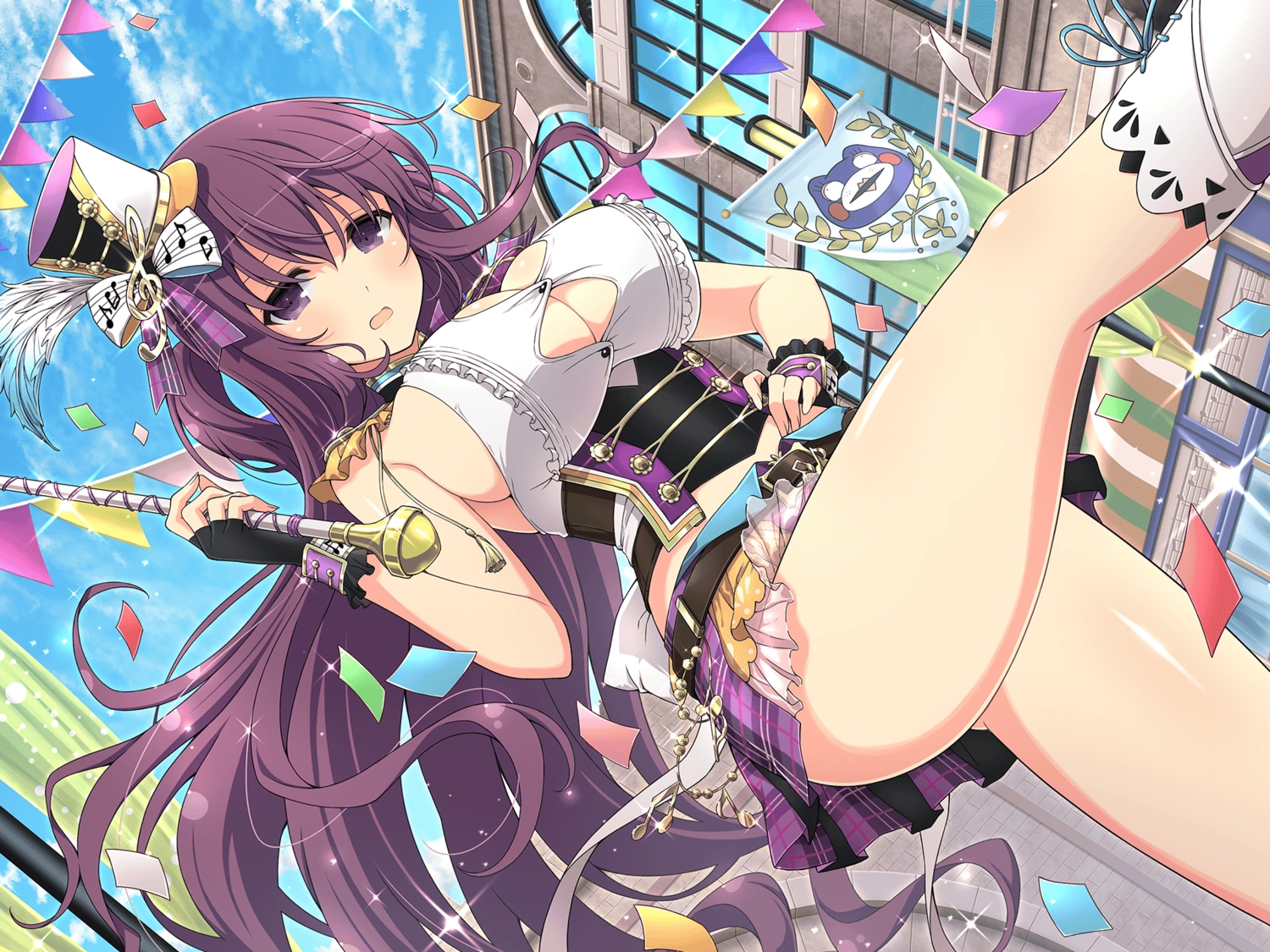 breasts, building, cleavage, clouds, gloves, hat, long_hair, murasaki_(senran_kagura), no_bra, purple_eyes, purple_hair, senran_kagura, sideboob, skirt, sky, yaegashi_nan