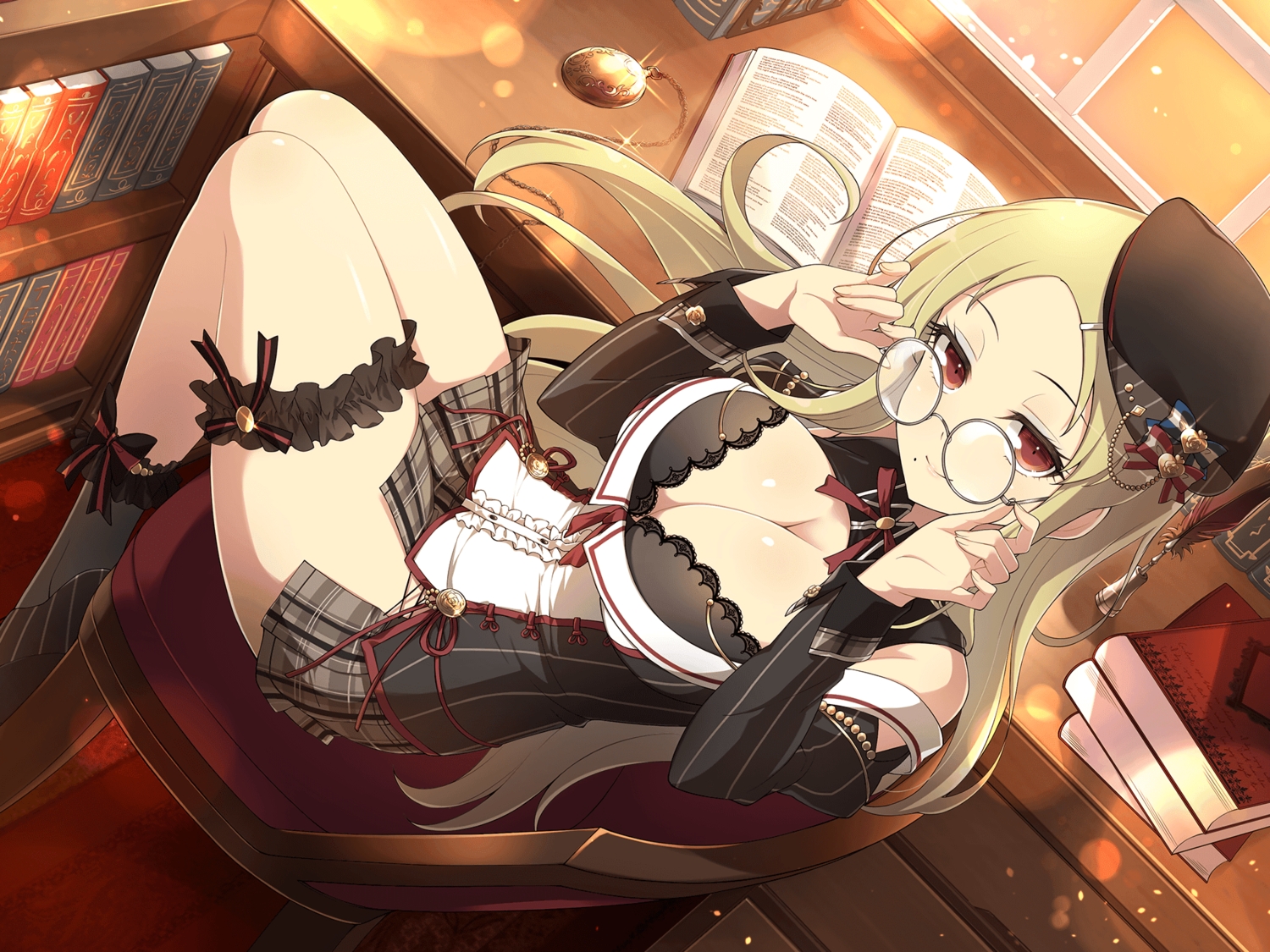 blonde_hair, book, breasts, cleavage, garter, glasses, hat, long_hair, red_eyes, senran_kagura, shiki_(senran_kagura), skirt, yaegashi_nan