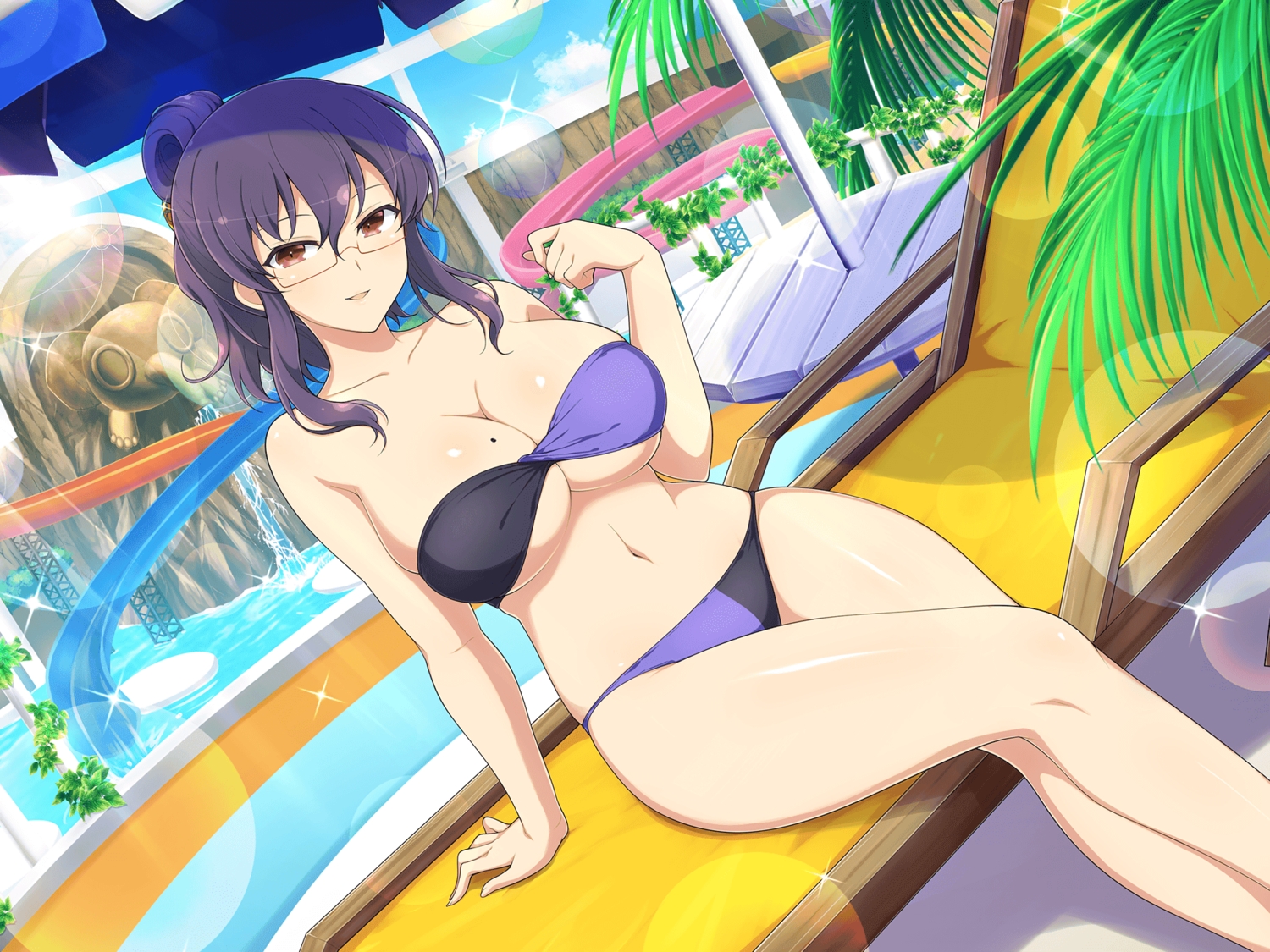 bikini, clouds, glasses, long_hair, navel, ponytail, purple_hair, red_eyes, senran_kagura, sky, suzune_(senran_kagura), swimsuit, water, yaegashi_nan