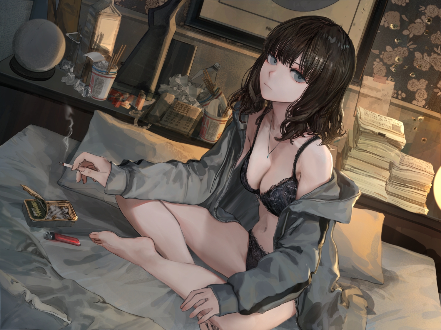 barefoot, bra, brown_hair, cigarette, hashimoto_kokai, navel, necklace, open_shirt
