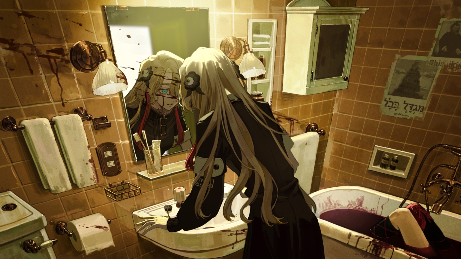 aqua_eyes, bath, bathtub, blood, gray_hair, isekaijoucho, kamitsubaki_studio, long_hair