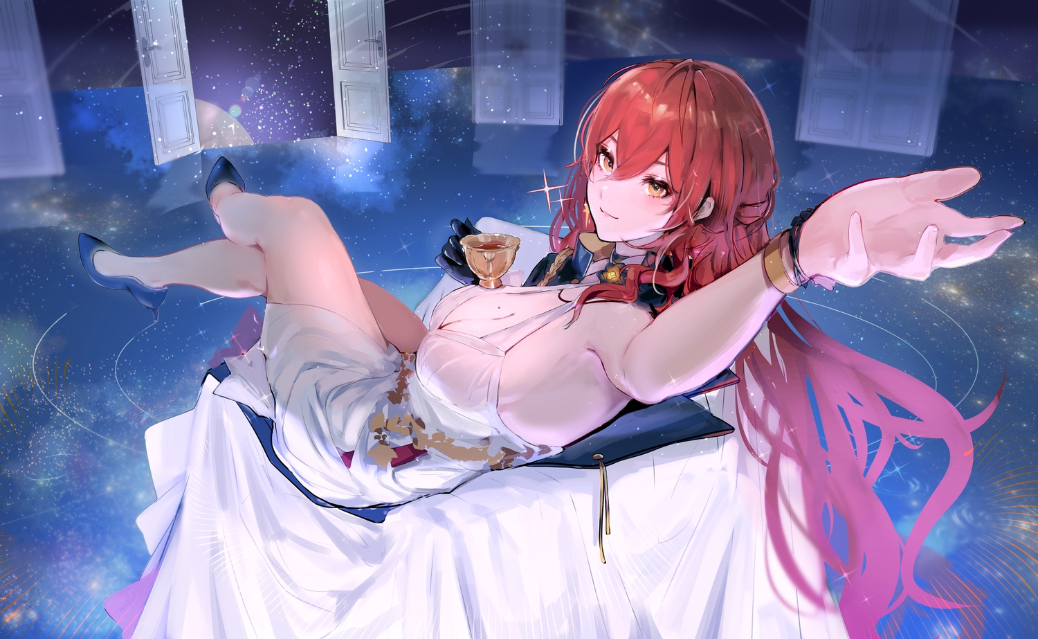 dress, drink, himeko_(honkai:_star_rail), honkai_(series), honkai:_star_rail, long_hair, maria_(syake-uni), no_bra, orange_eyes, red_hair