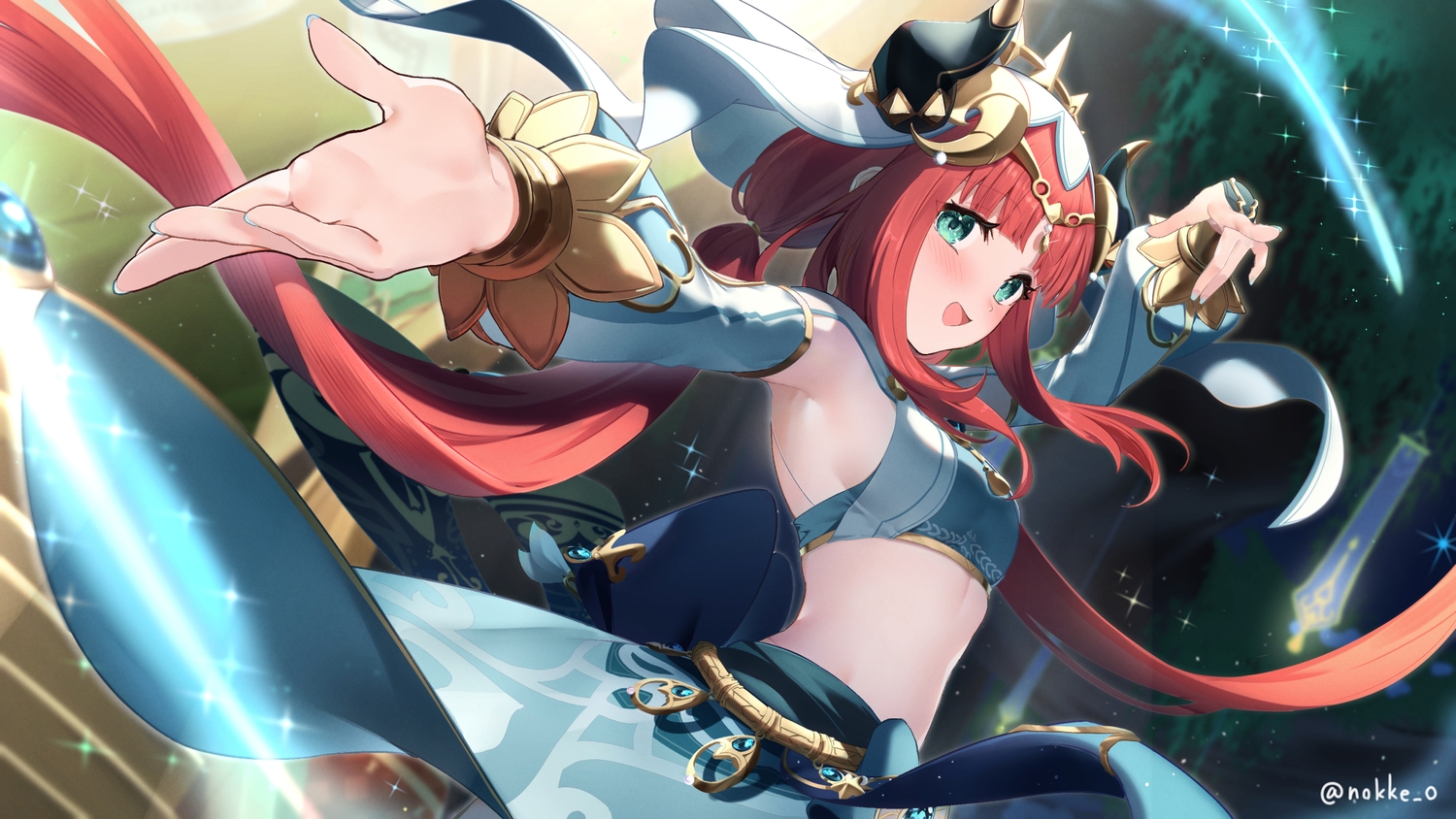 aqua_eyes, genshin_impact, horns, long_hair, nilou_(genshin_impact), nokke_o, red_hair, signed