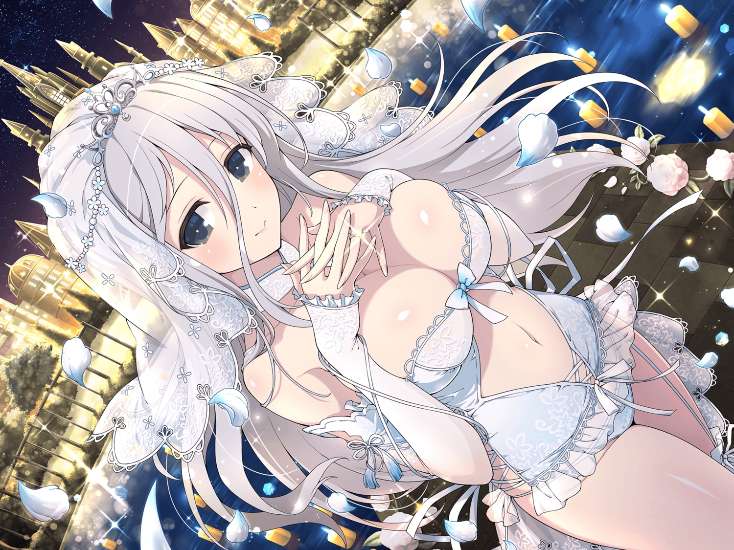 black_eyes, breast_hold, building, garter_belt, gekkou_(senran_kagura), gray_hair, headdress, long_hair, navel, night, no_bra, petals, senran_kagura, sky, stars, stockings, water, yaegashi_nan