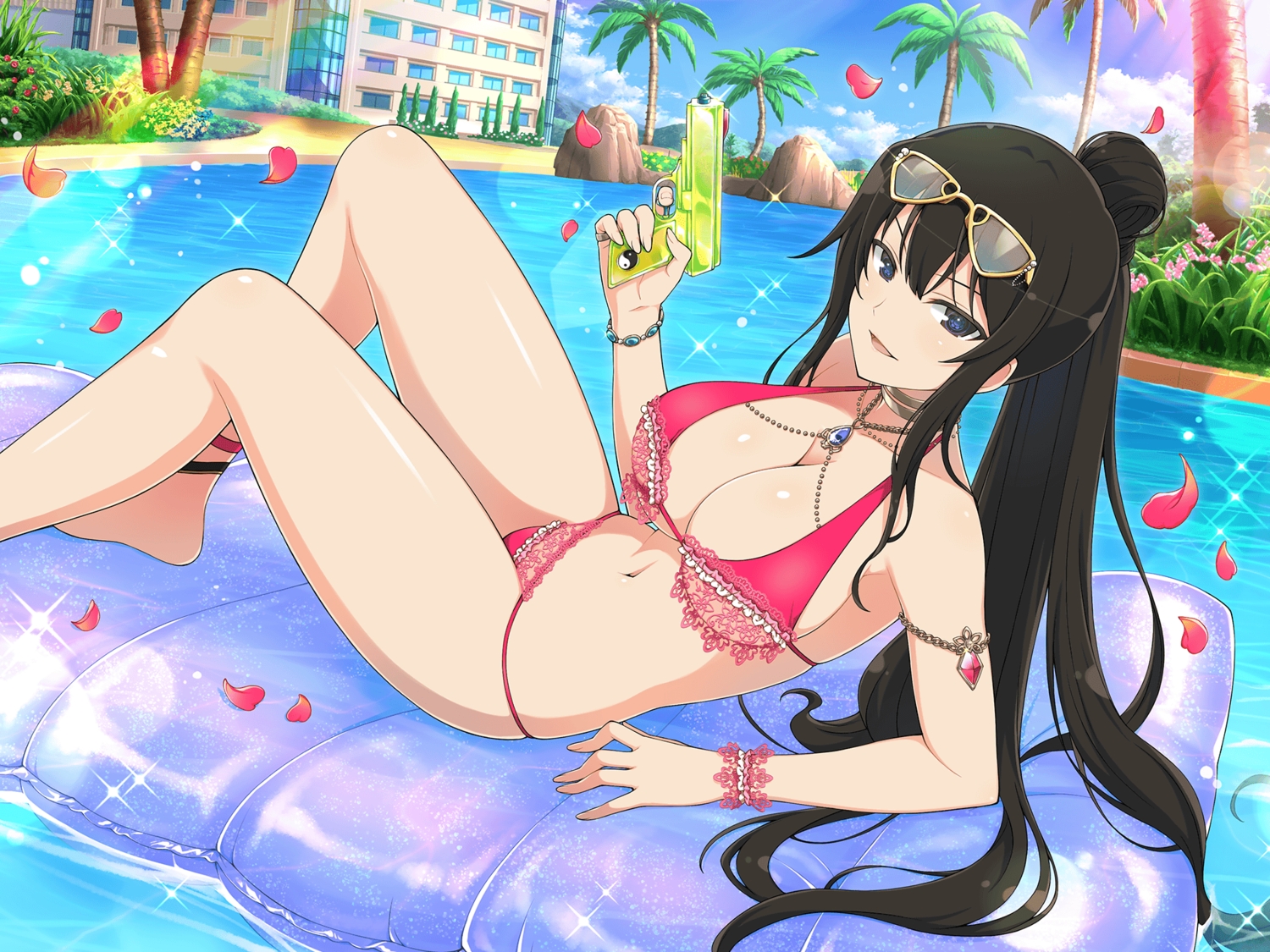 bikini, black_hair, building, clouds, gun, kagura_(senran_kagura), long_hair, navel, petals, ponytail, pool, senran_kagura, sky, sunglasses, swim_ring, swimsuit, tree, water, weapon, yaegashi_nan
