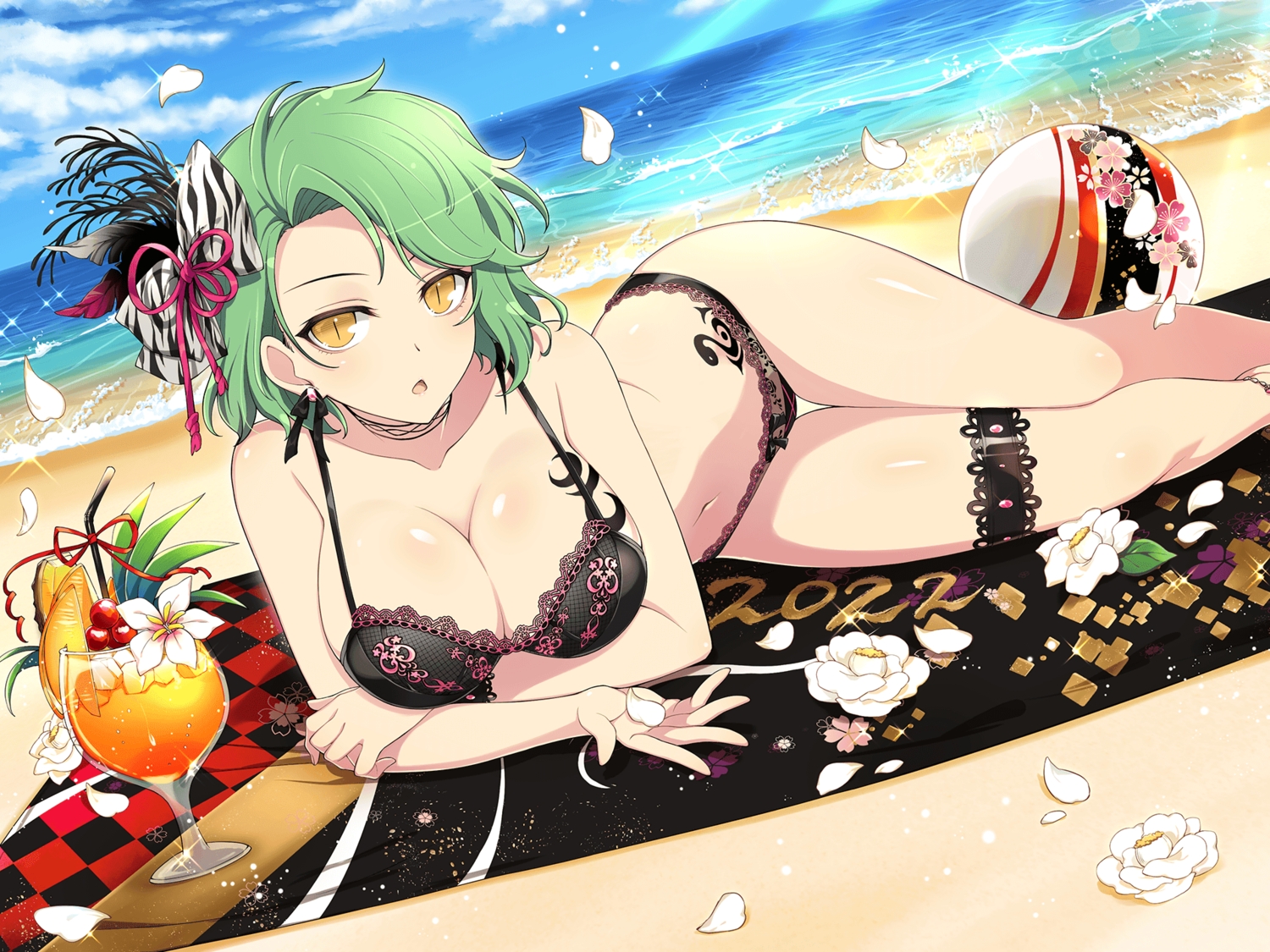 ball, beach, bikini, breast_hold, clouds, drink, flowers, garter, green_hair, hikage_(senran_kagura), navel, orange_eyes, petals, senran_kagura, sky, swimsuit, water, yaegashi_nan