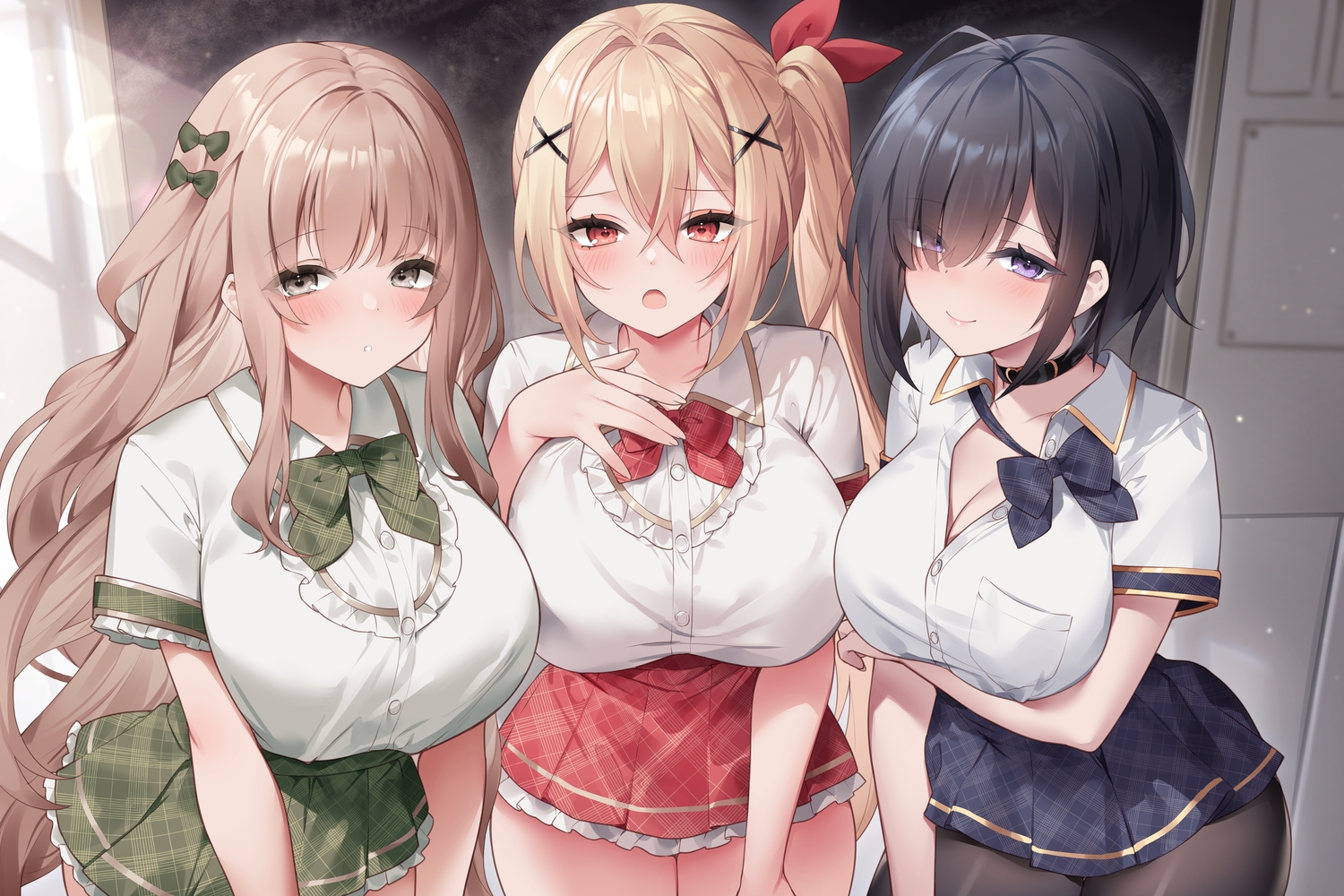 black_hair, blonde_hair, blush, bow, breast_hold, breasts, brown_hair, cleavage