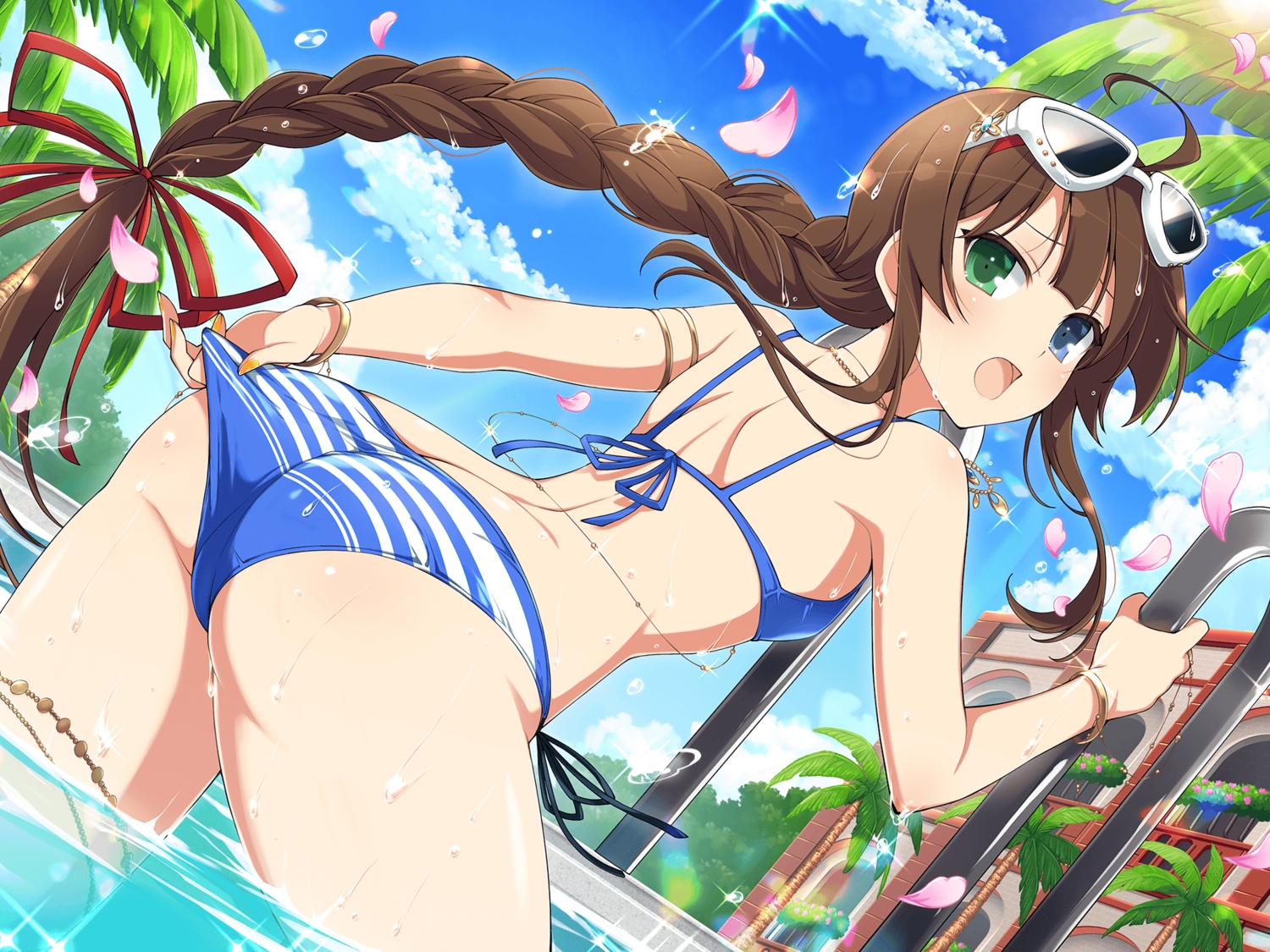 ass, bicolored_eyes, bikini, blue_eyes, braids, brown_hair, clouds, garter, green_eyes, long_hair, petals, ponytail, pool, ryoubi_(senran_kagura), senran_kagura, sky, sunglasses, swimsuit, tree, water, yaegashi_nan