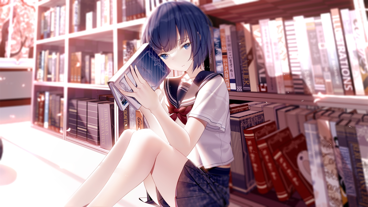 atha, book, kiritani_haruka, project_sekai, purple_hair, school_uniform, short_hair, skirt