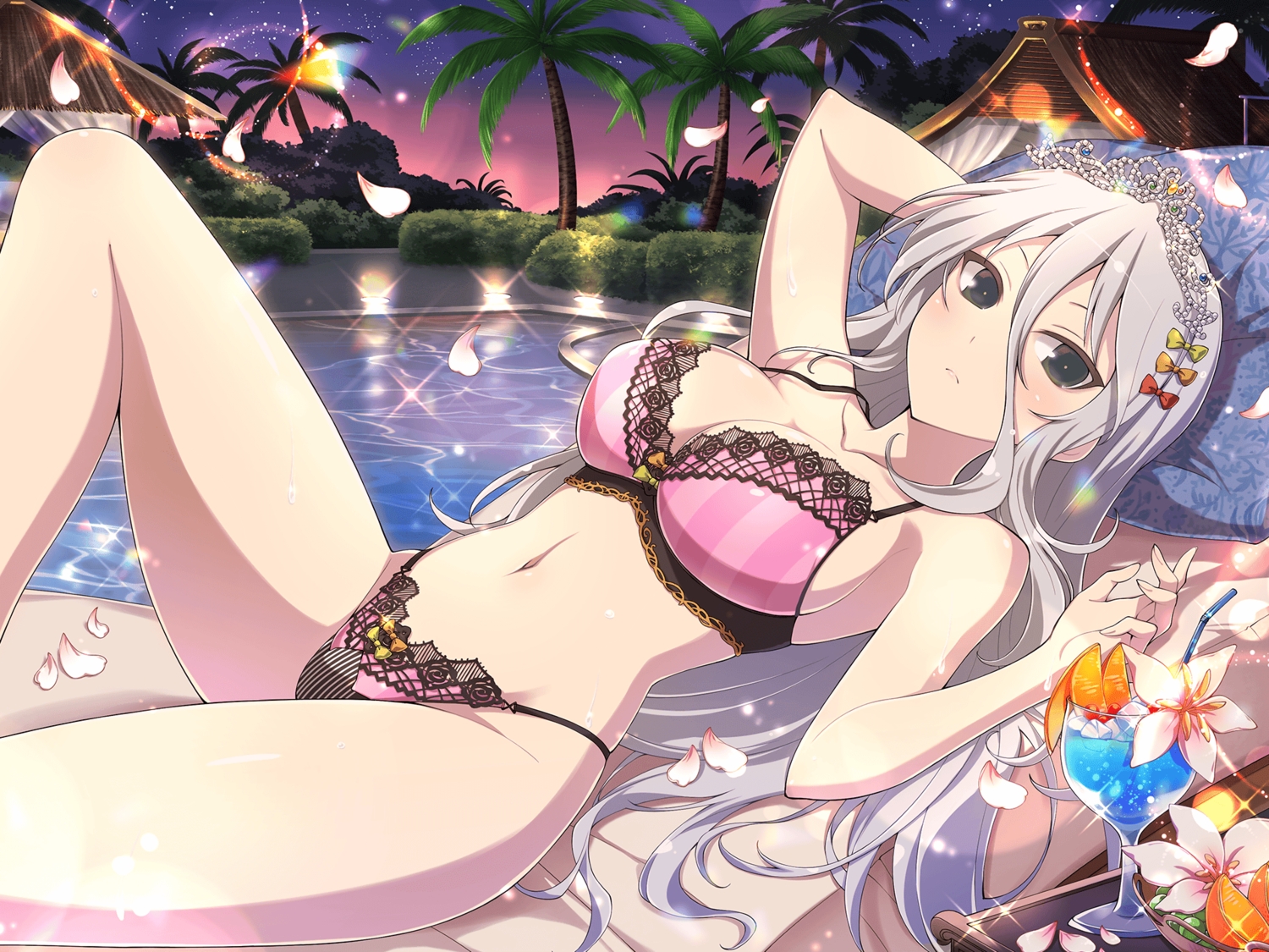 bikini, black_eyes, drink, flowers, gray_hair, long_hair, navel, night