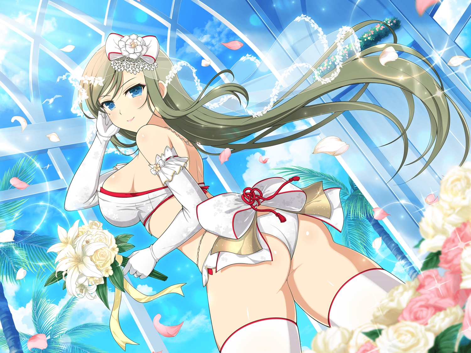 ass, blue_eyes, bow, clouds, elbow_gloves, flowers, fuga_(senran_kagura), gloves