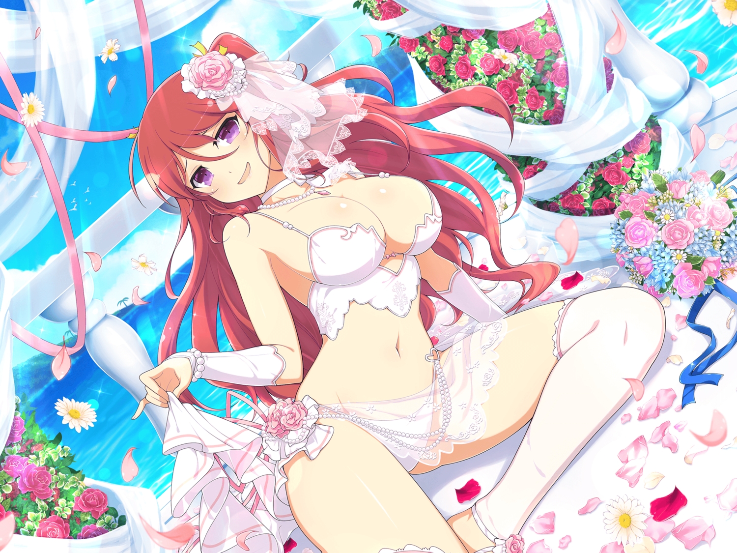 ashiya_(senran_kagura), clouds, flowers, long_hair, navel, no_bra, petals, purple_eyes