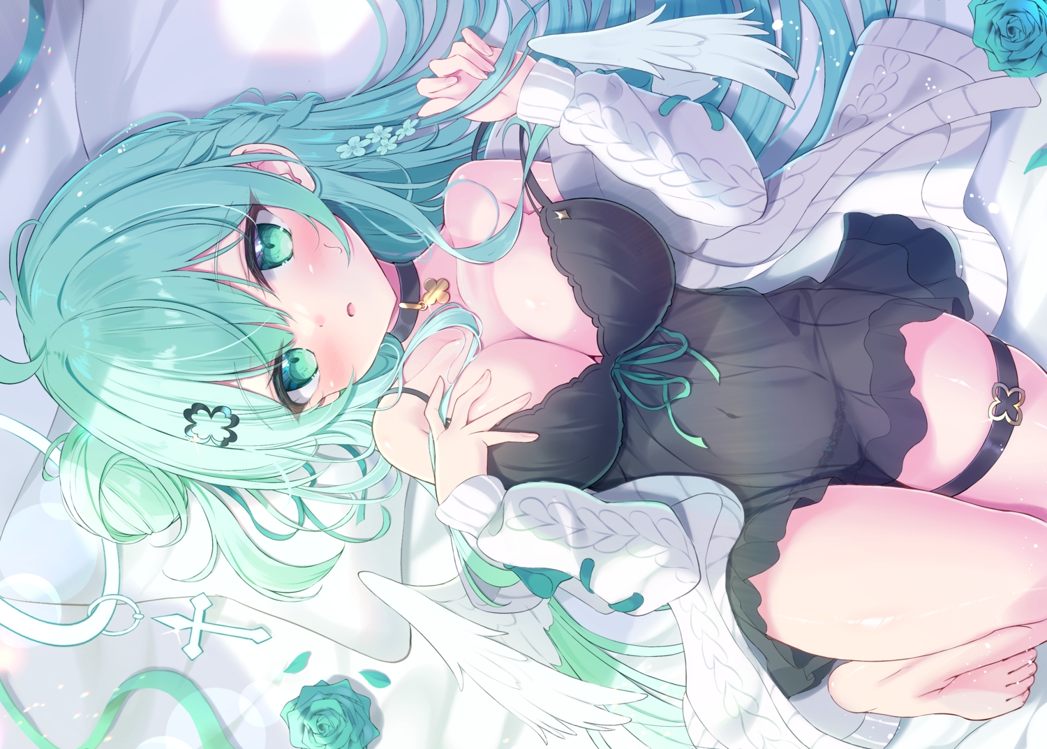 angel, barefoot, blush, bow, braids, breast_hold, breasts, choker, cleavage, cross, flowers, garter, green_eyes, green_hair, halo, livia_(mikaze_oto), long_hair, mikaze_oto, original, panties, ribbons, rose, see_through, underwear, wings